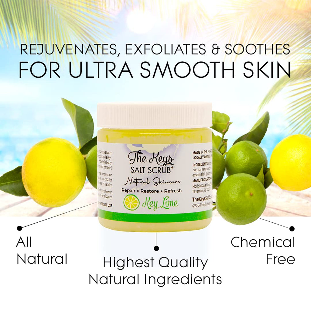 The Keys Salt Scrub – Sea Salt Exfoliator with Wooden Spoon – Key Lime, 3.4 oz