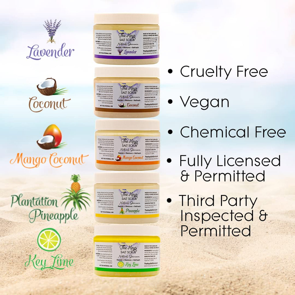 The Keys Salt Scrub - Coconut Sea Salt Scrub with Wooden Spoon | Exfoliating Body Scrub for Hands, Feet, Bath | 12 oz Pack of 3