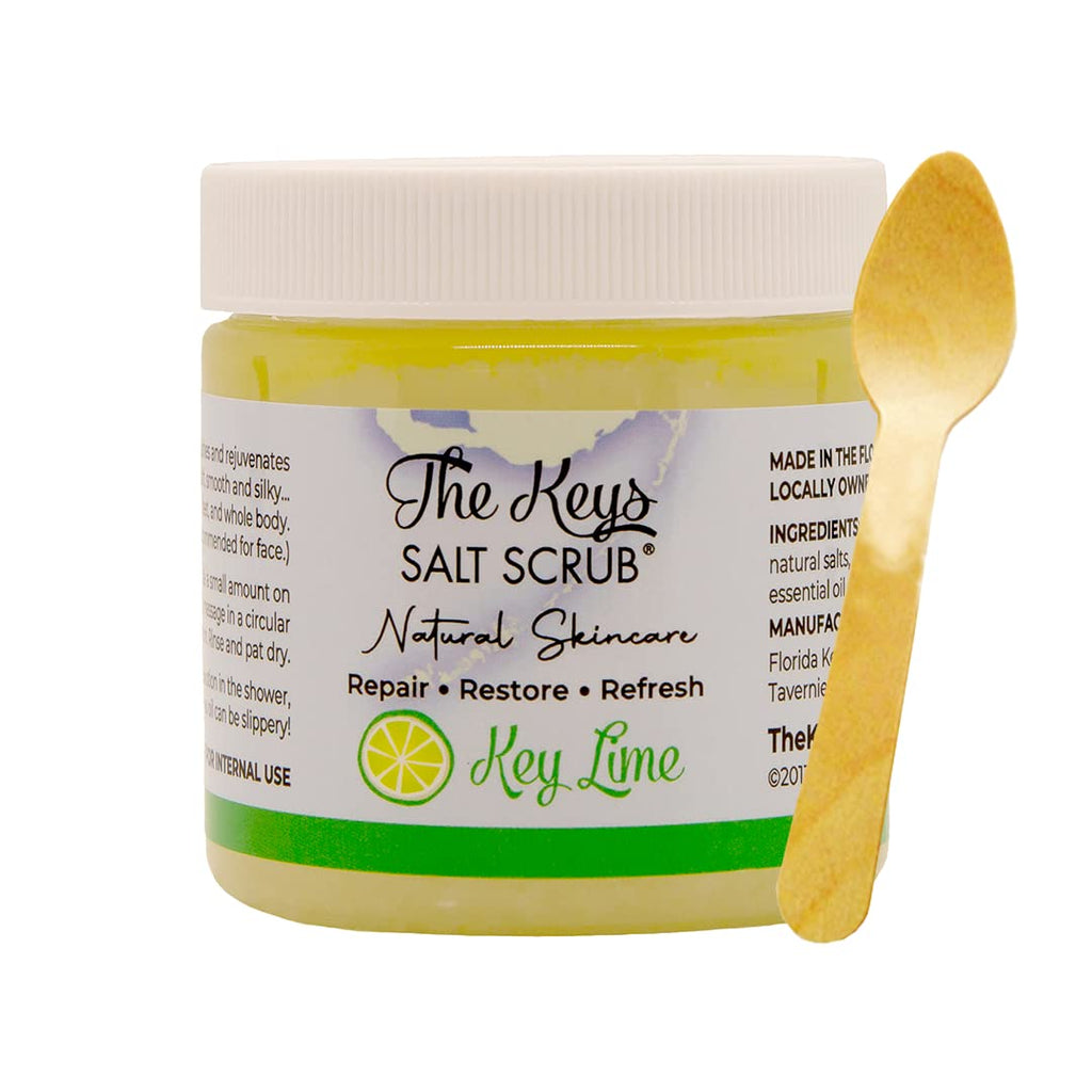The Keys Salt Scrub – Sea Salt Exfoliator with Wooden Spoon – Key Lime, 3.4 oz