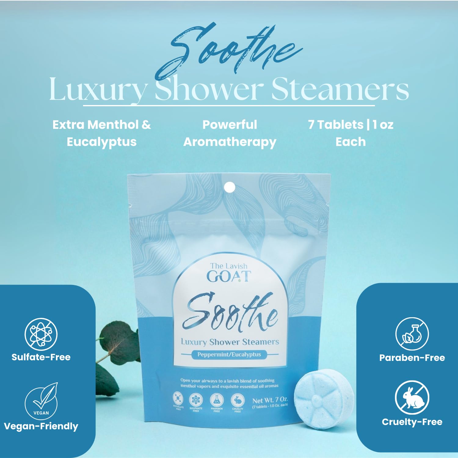 The Lavish Goat Soothe Shower Steamers 7-Pack – Menthol Peppermint Eucalyptus – USA Made