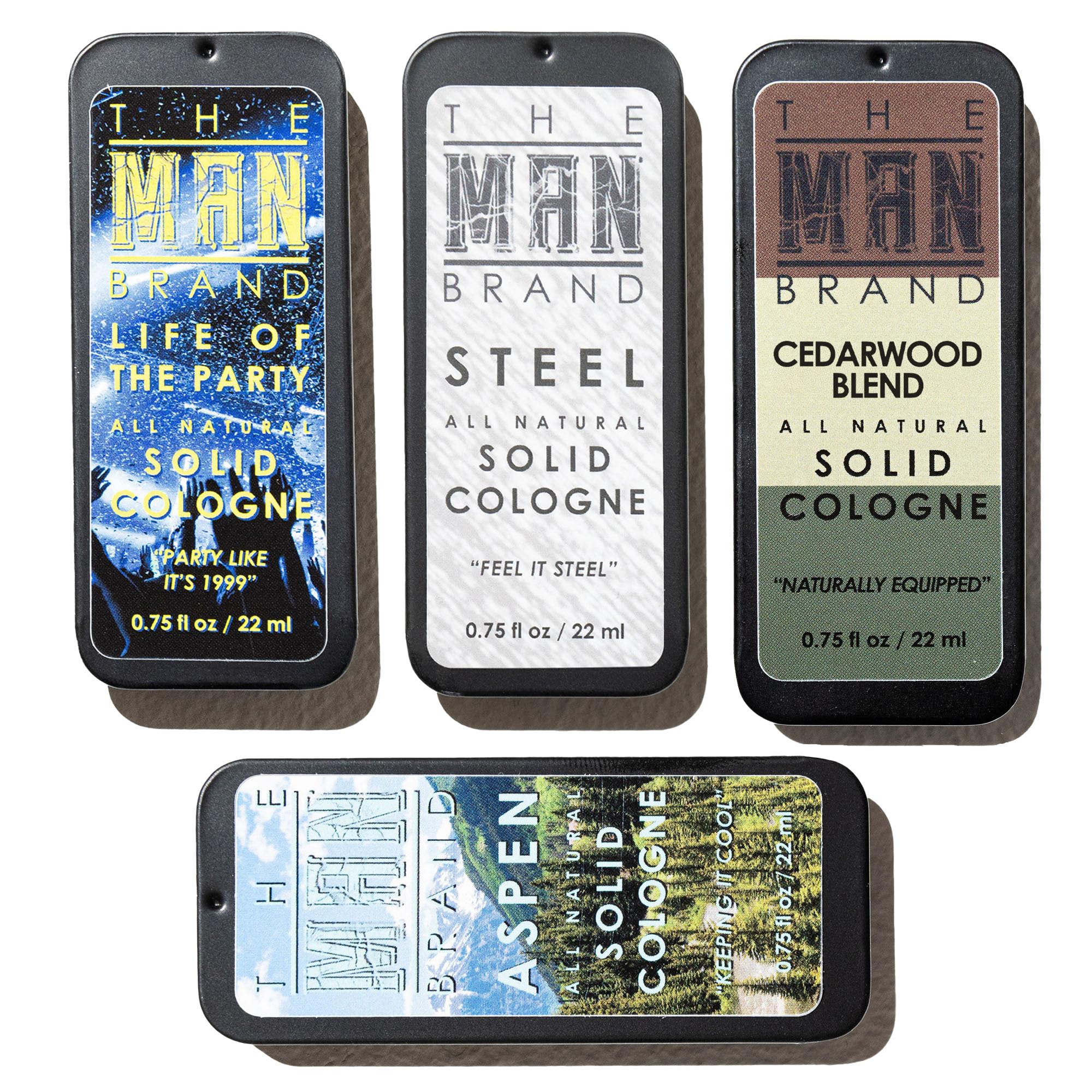 The Man Brand Solid Cologne Sampler Set – Aspen, Woodsman, Steel & Life of the Party (4 x 0.75 oz)