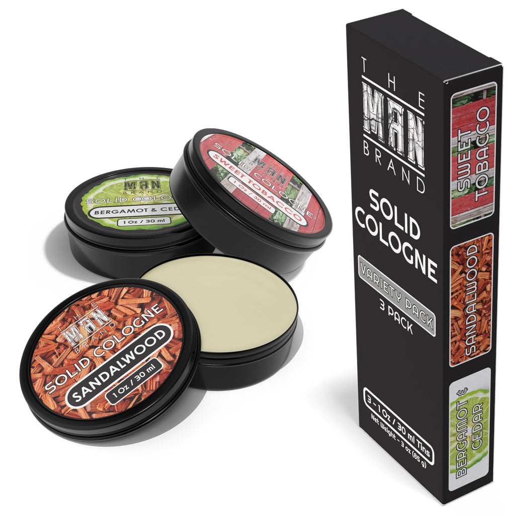 The Man Brand Solid Cologne Sampler Set: Bergamot & Cedar, Sandalwood, Sweet Tobacco (3 x 1 oz)
