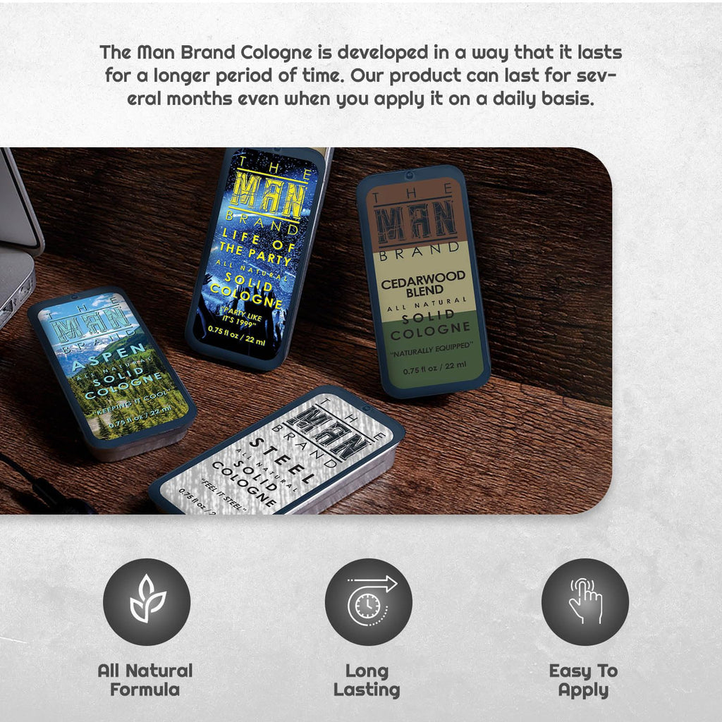 The Man Brand Solid Cologne Sampler Set – Aspen, Woodsman, Steel & Life of the Party (4 x 0.75 oz)