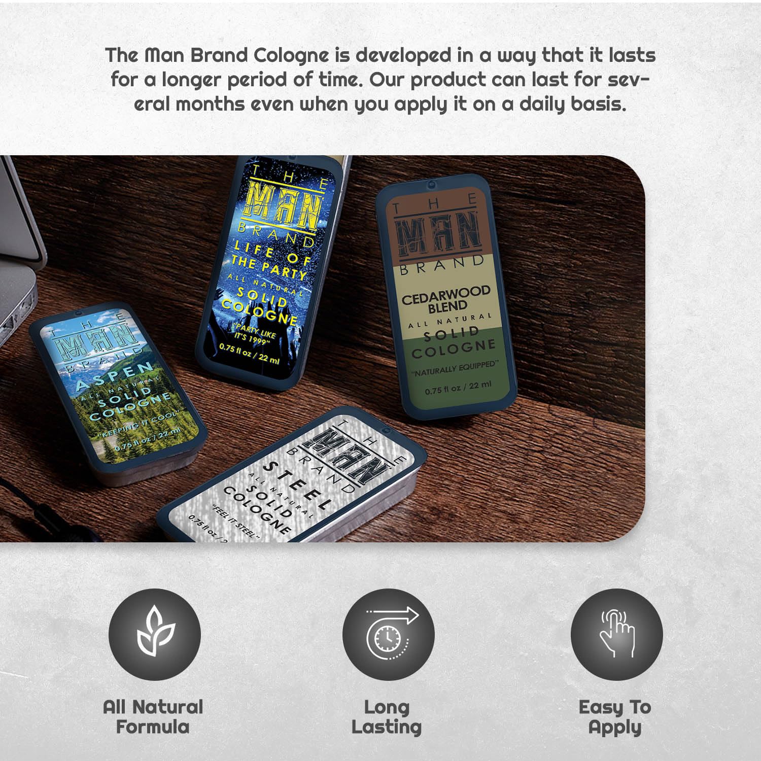 The Man Brand Solid Cologne Sampler Set – Aspen, Woodsman, Steel & Life of the Party (4 x 0.75 oz)