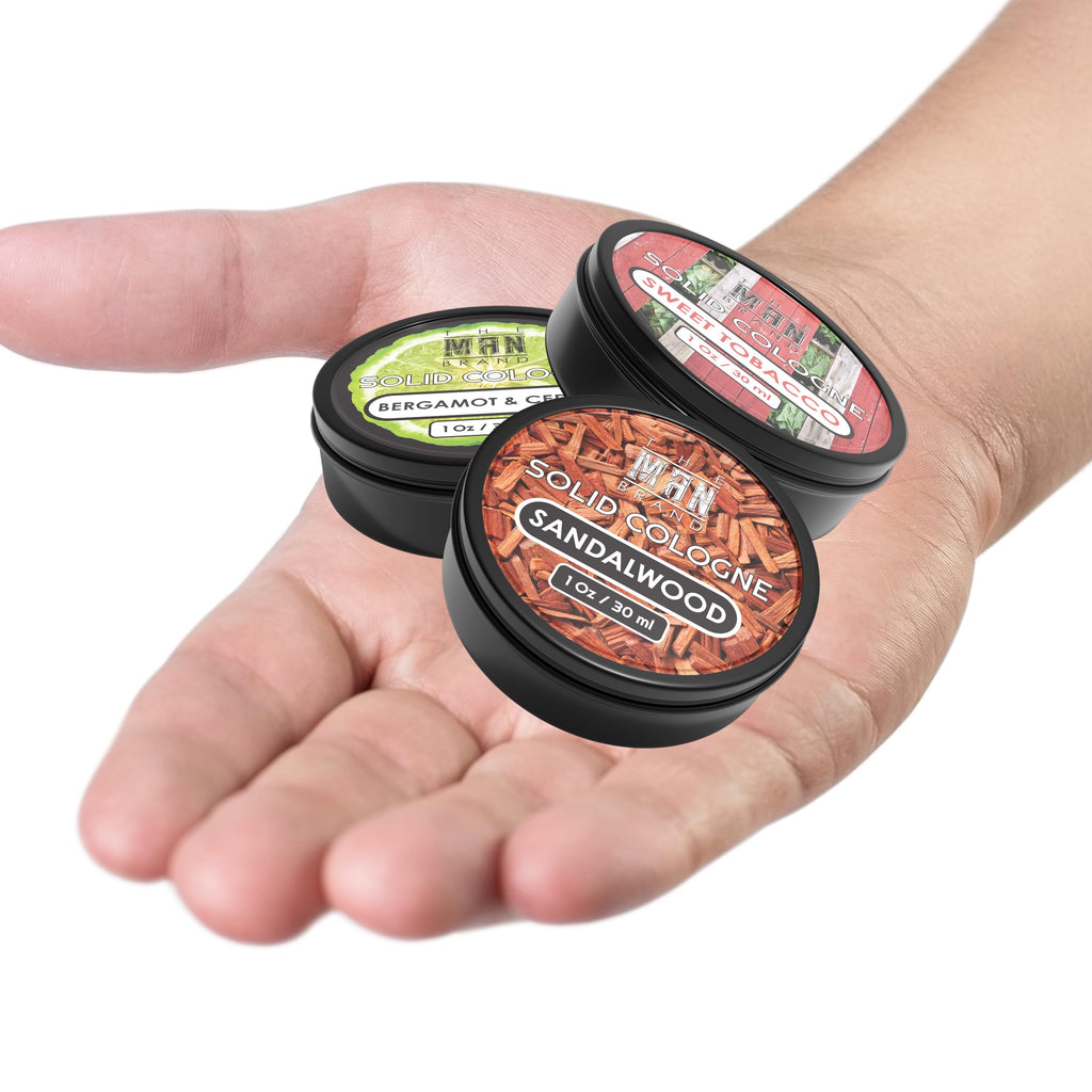 The Man Brand Solid Cologne Sampler Set: Bergamot & Cedar, Sandalwood, Sweet Tobacco (3 x 1 oz)
