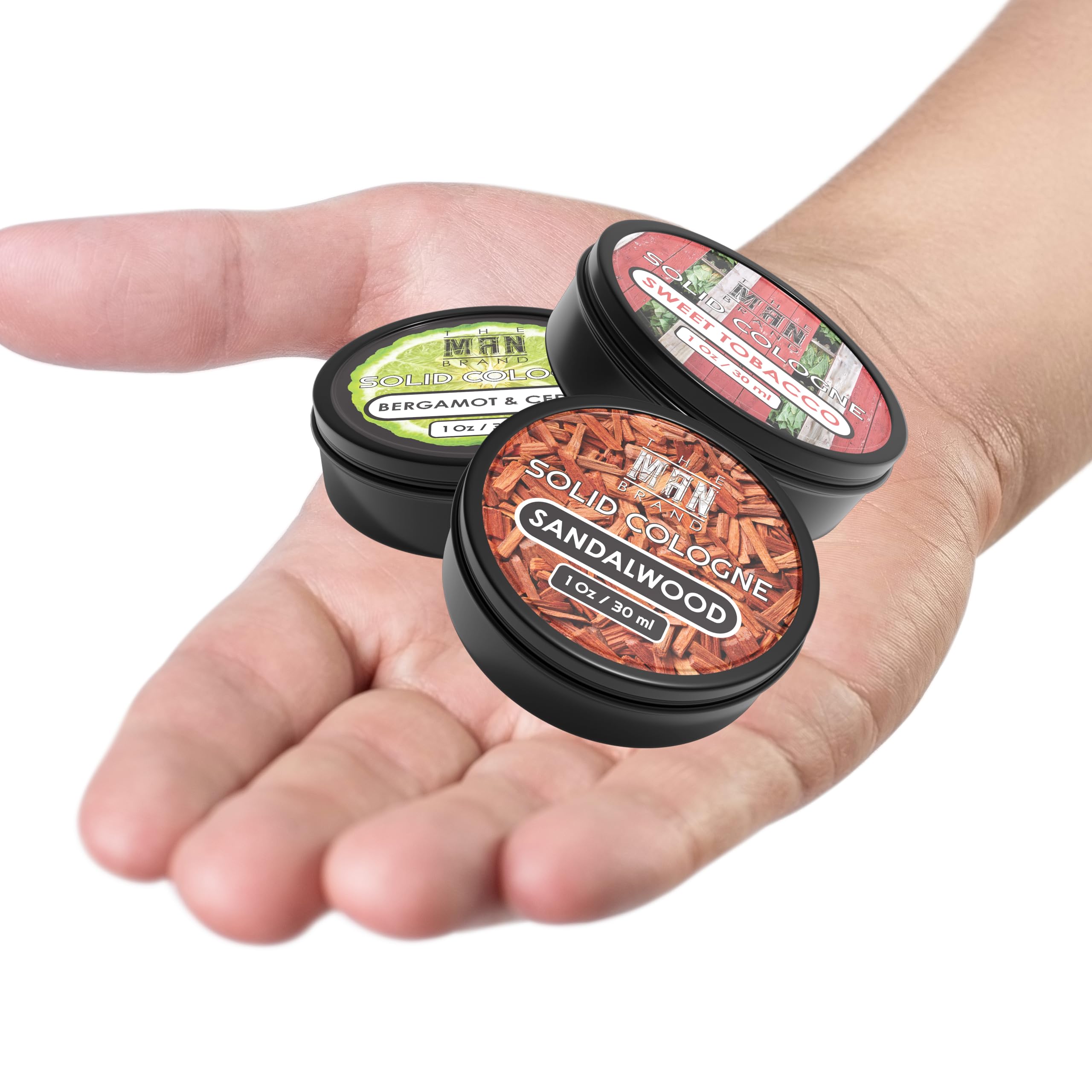 The Man Brand Solid Cologne Sampler Set: Bergamot & Cedar, Sandalwood, Sweet Tobacco (3 x 1 oz)