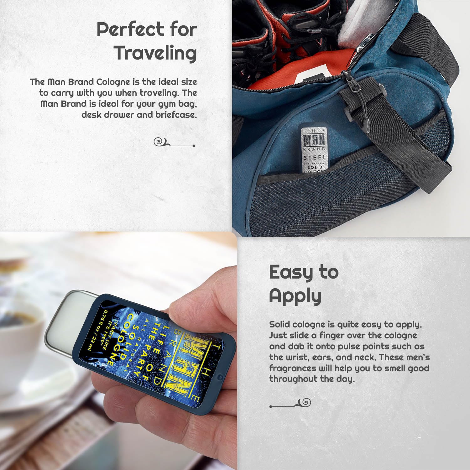 The Man Brand Solid Cologne Sampler Set – Aspen, Woodsman, Steel & Life of the Party (4 x 0.75 oz)