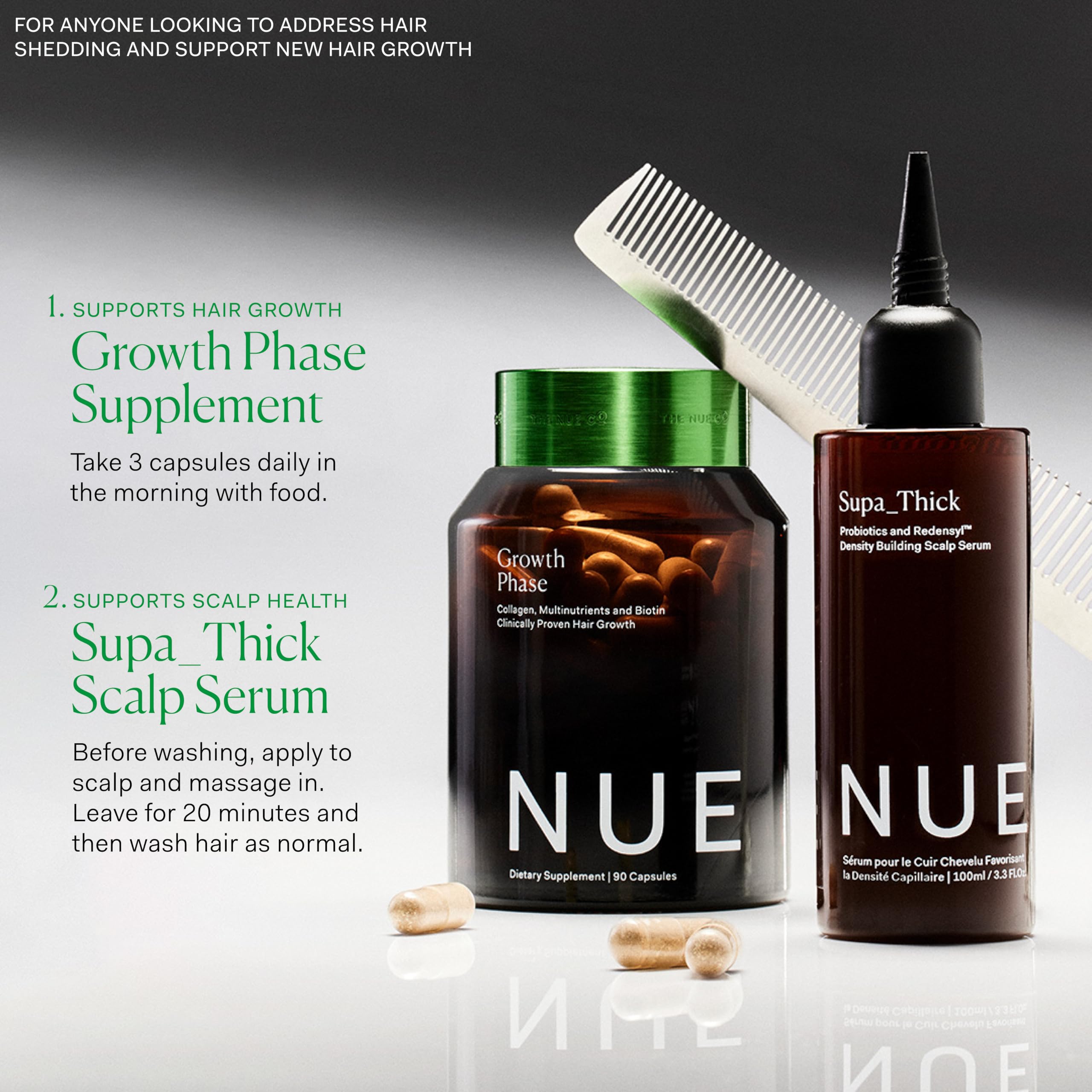 The Nue Co Growth Phase Hair Supplement – Vegan Hair Capsules for Thicker, Fuller-Looking Hair | 90 Capsules
