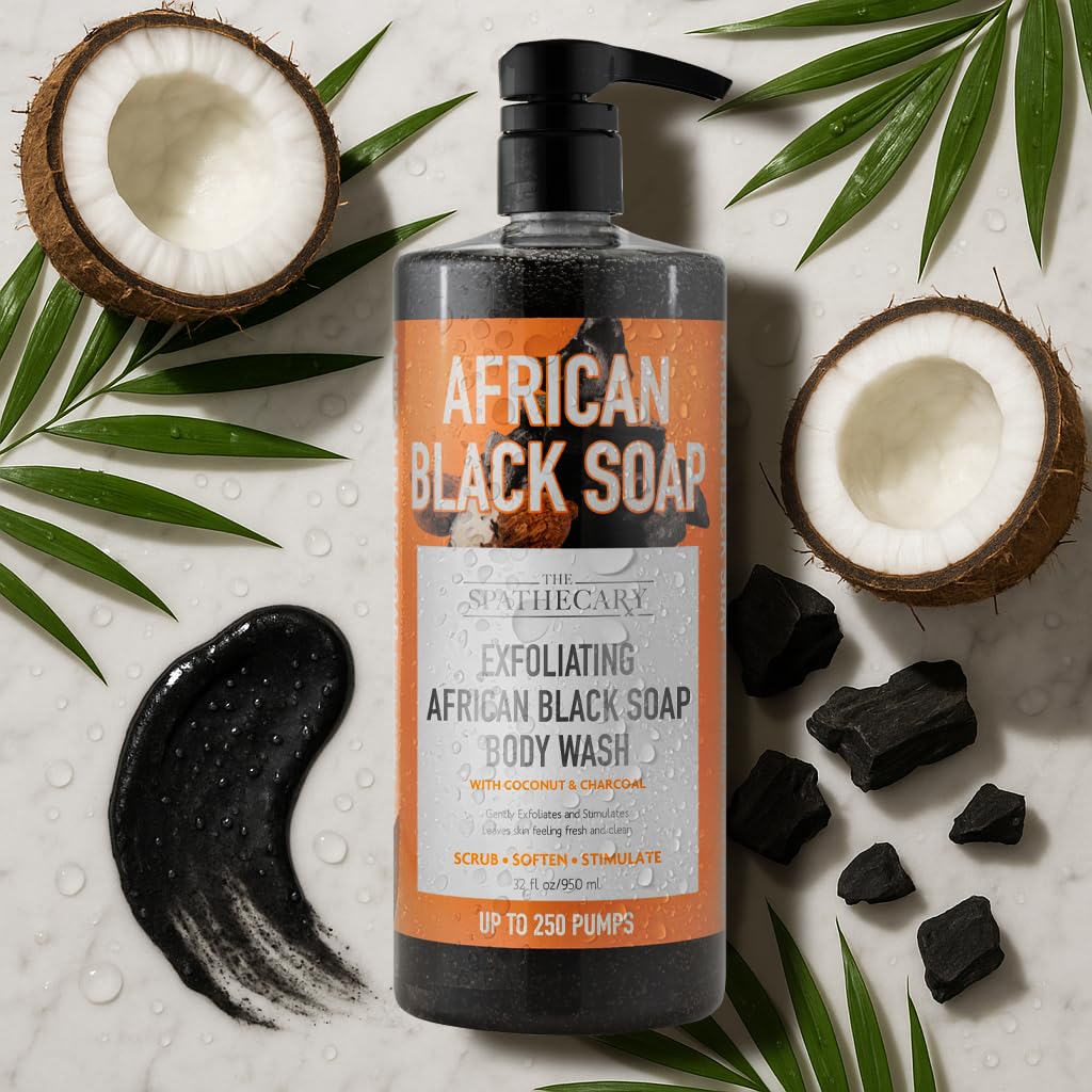 The Spathecary African Black Soap Exfoliating Body Wash – Coconut & Charcoal, 32 oz