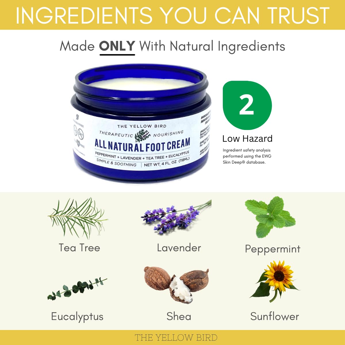 The Yellow Bird Natural Tea Tree Foot Cream & Organic Foot Balm – Peppermint Moisturizer for Dry Feet, Cracked Heels & Athlete’s Foot Relief – Made in USA