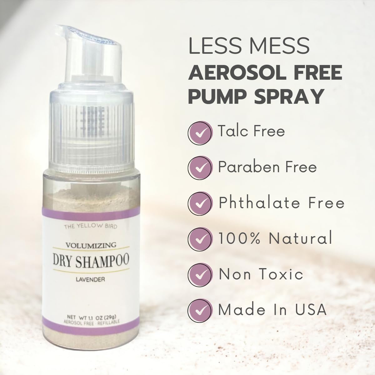 The Yellow Bird Natural Powder Dry Shampoo – Non Aerosol Pump, Lavender Scent, Made in USA