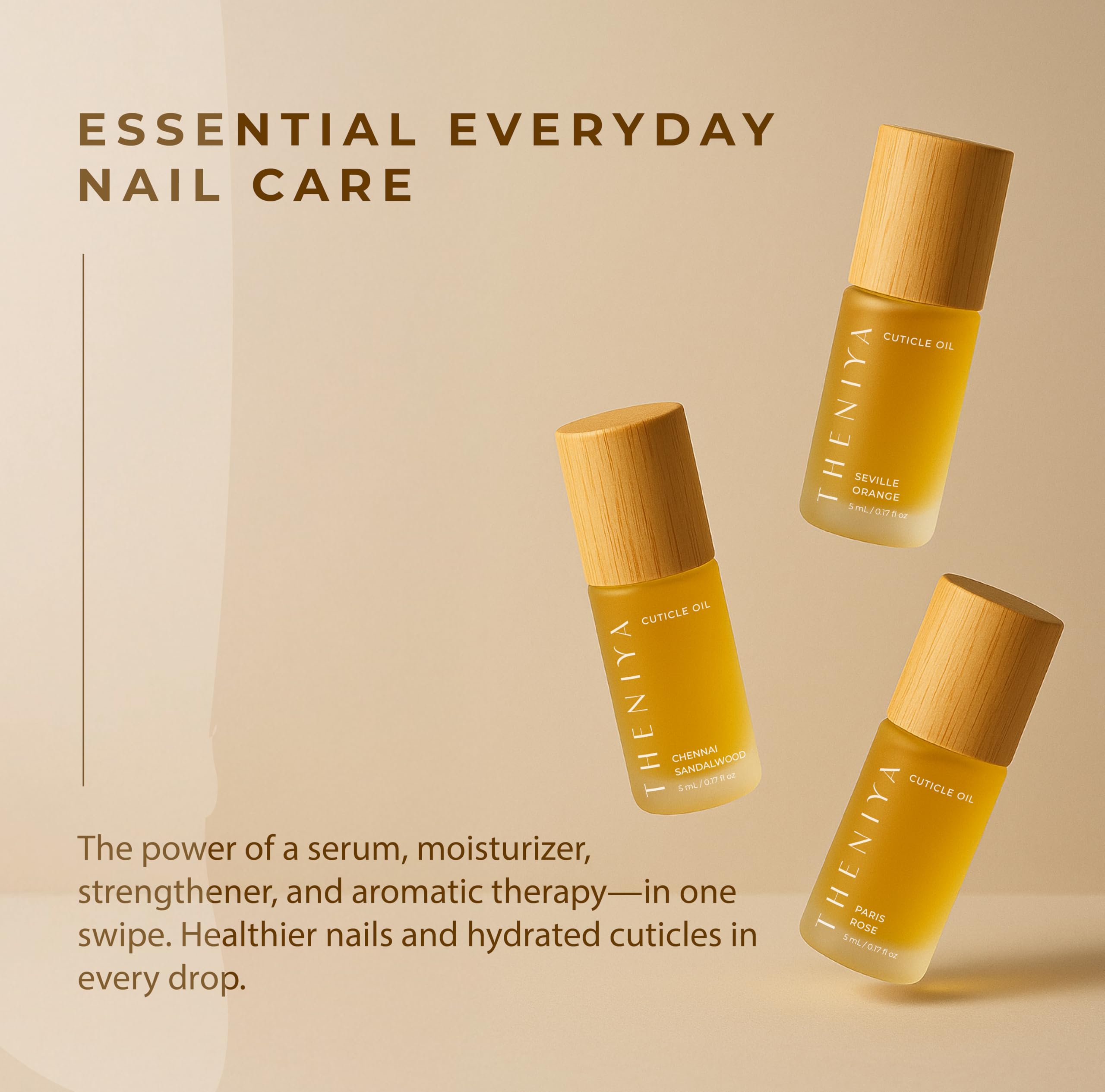 Theniya Cuticle Oil for Nail Strengthening & Growth – 5mL Roll-On, Vegan, Organic Formula with Jojoba & Vitamin E | 3 Signature Fragrances