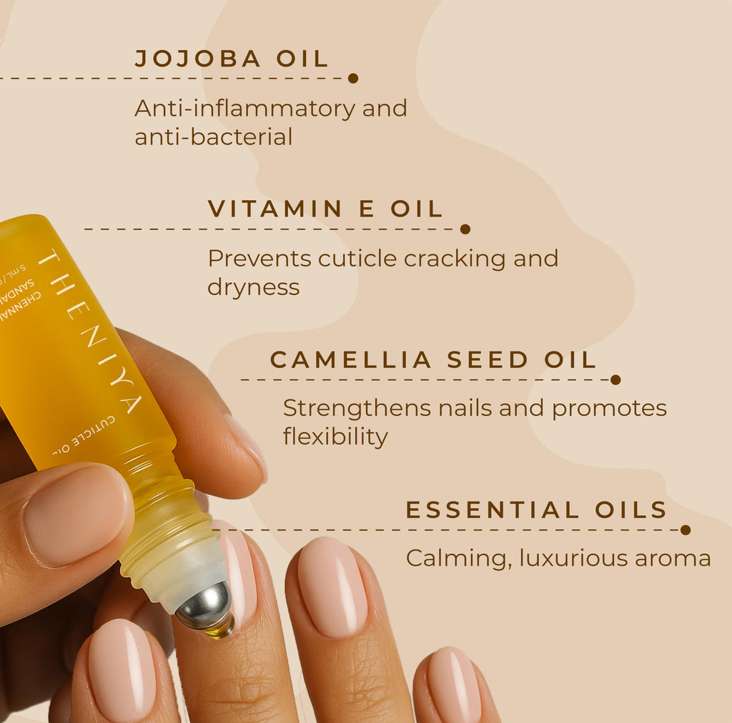 Theniya Cuticle Oil for Nail Strengthening & Growth – 5mL Roll-On, Vegan, Organic Formula with Jojoba & Vitamin E | 3 Signature Fragrances