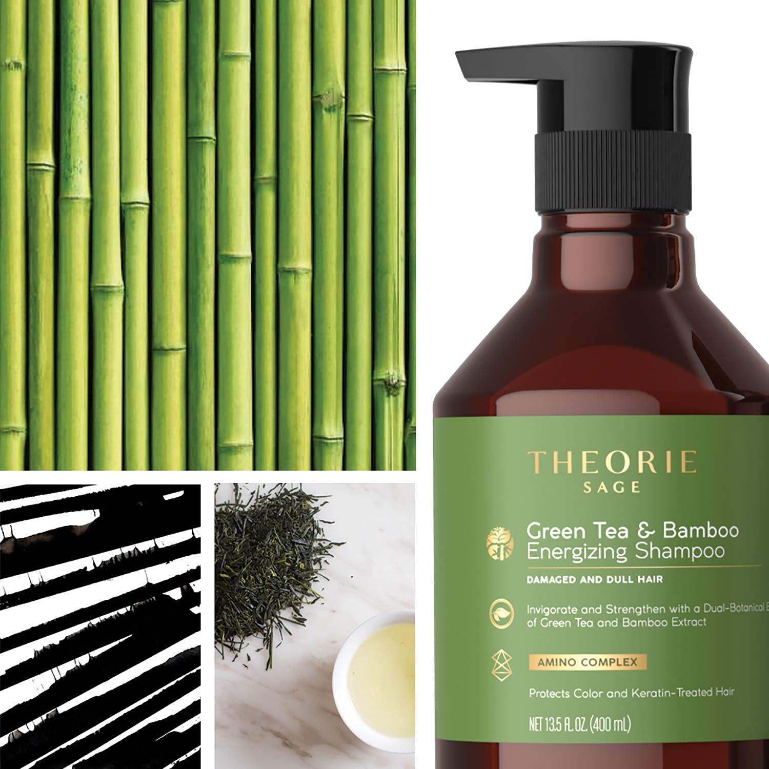 Theorie Green Tea & Bamboo Energizing Shampoo – Invigorate & Strengthen, Color Safe, 400mL