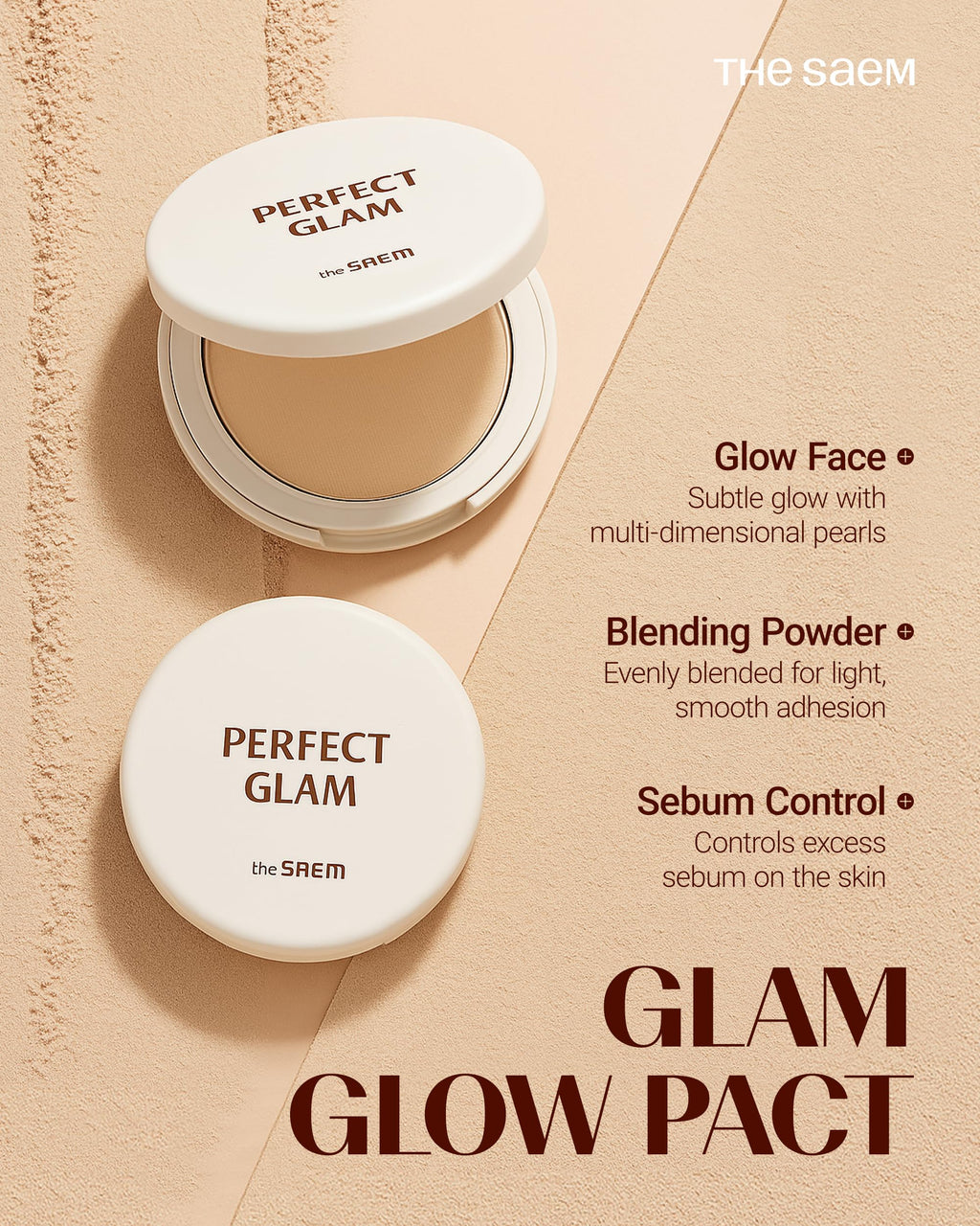 THESAEM Perfect Glam Glow Pact – Illuminating Face Powder with Colorful Pearls