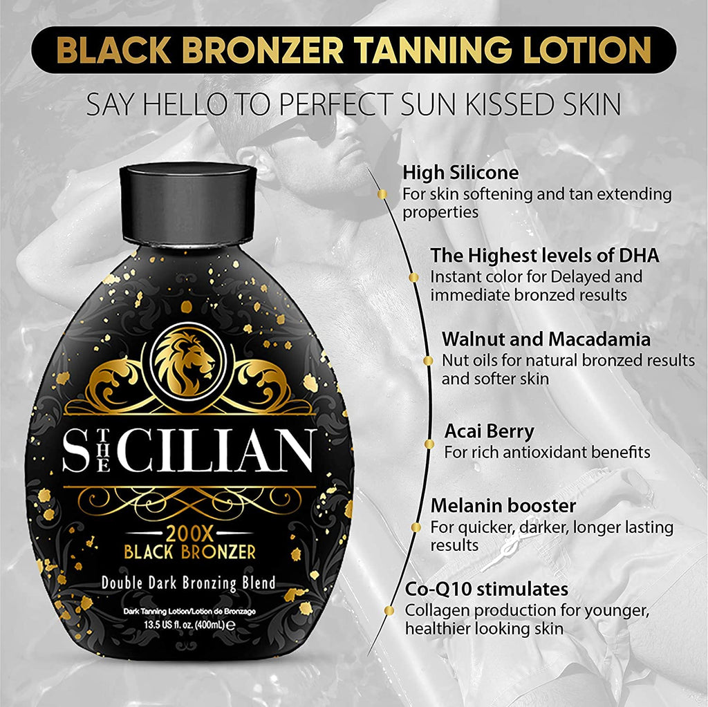 The Sicilian 200X Dark Black Bronzer Tanning Lotion | Gradual Sunless Tan & Nourished Skin
