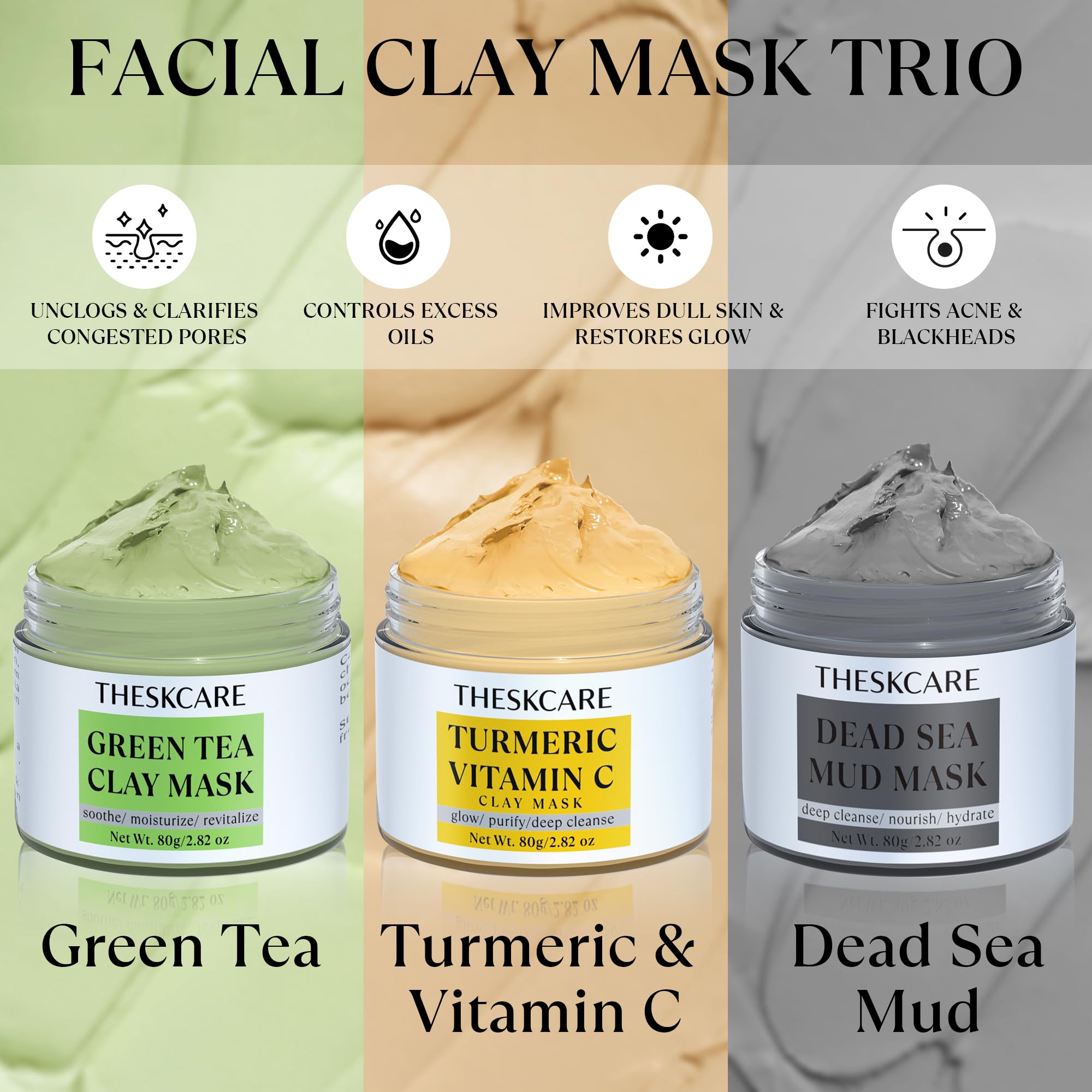 THESKCARE 3 PCS Clay Mask Set — Turmeric Vitamin C, Green Tea & Dead Sea Mud for Oil Control