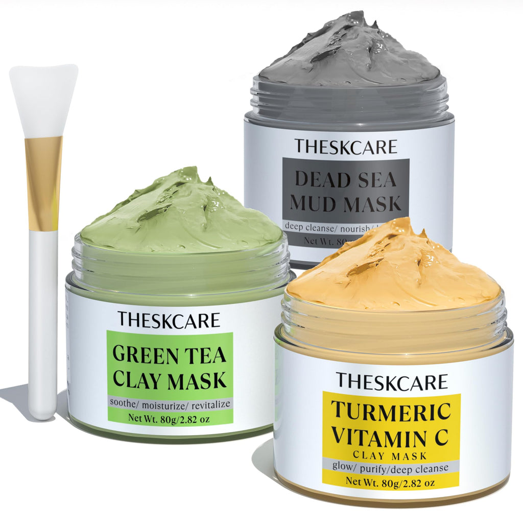 THESKCARE 3 PCS Clay Mask Set — Turmeric Vitamin C, Green Tea & Dead Sea Mud for Oil Control