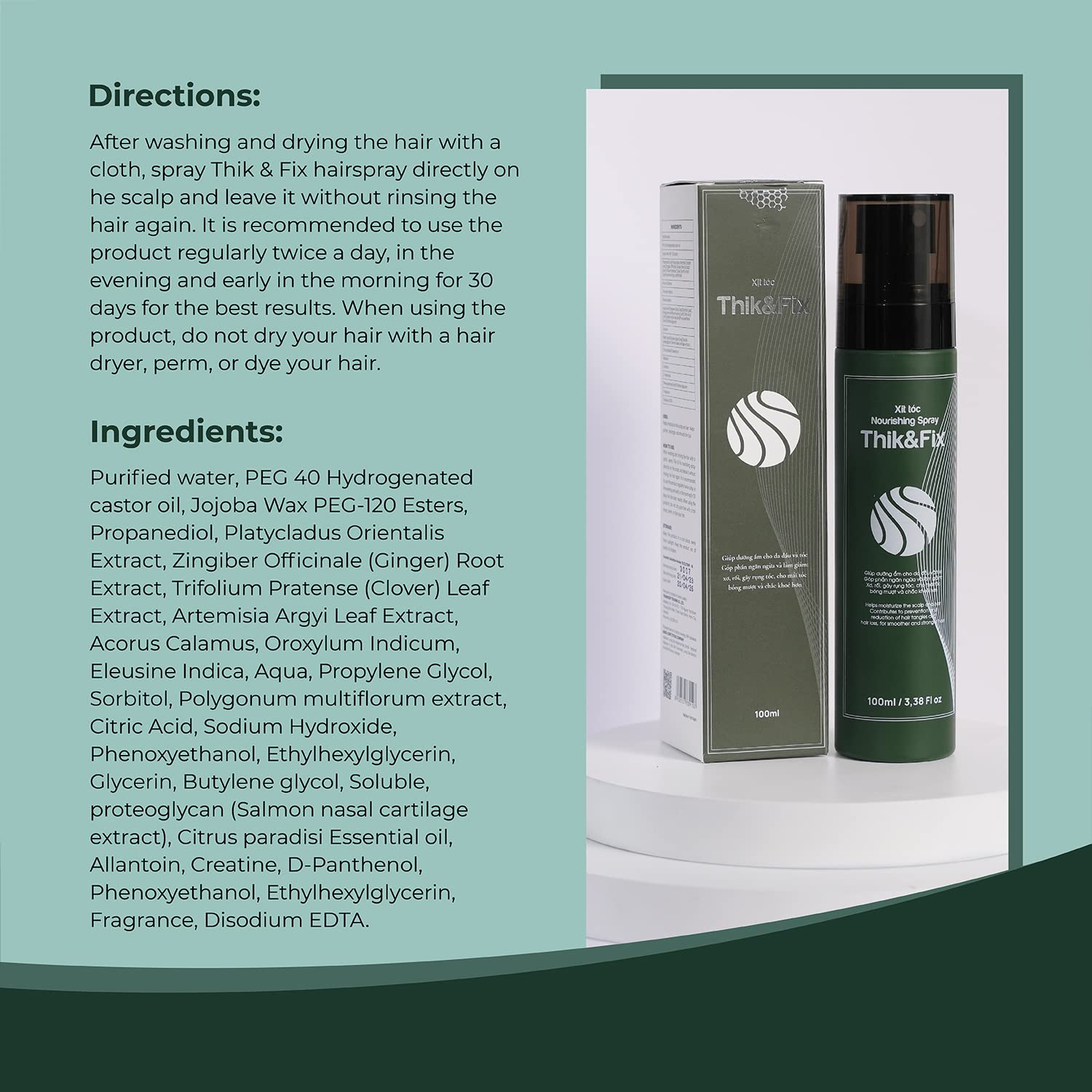 Thik&Fix Hair Growth Spray – Thickening Hair Spray for Men & Women, Scalp Moisturizer, 3.38 Fl oz