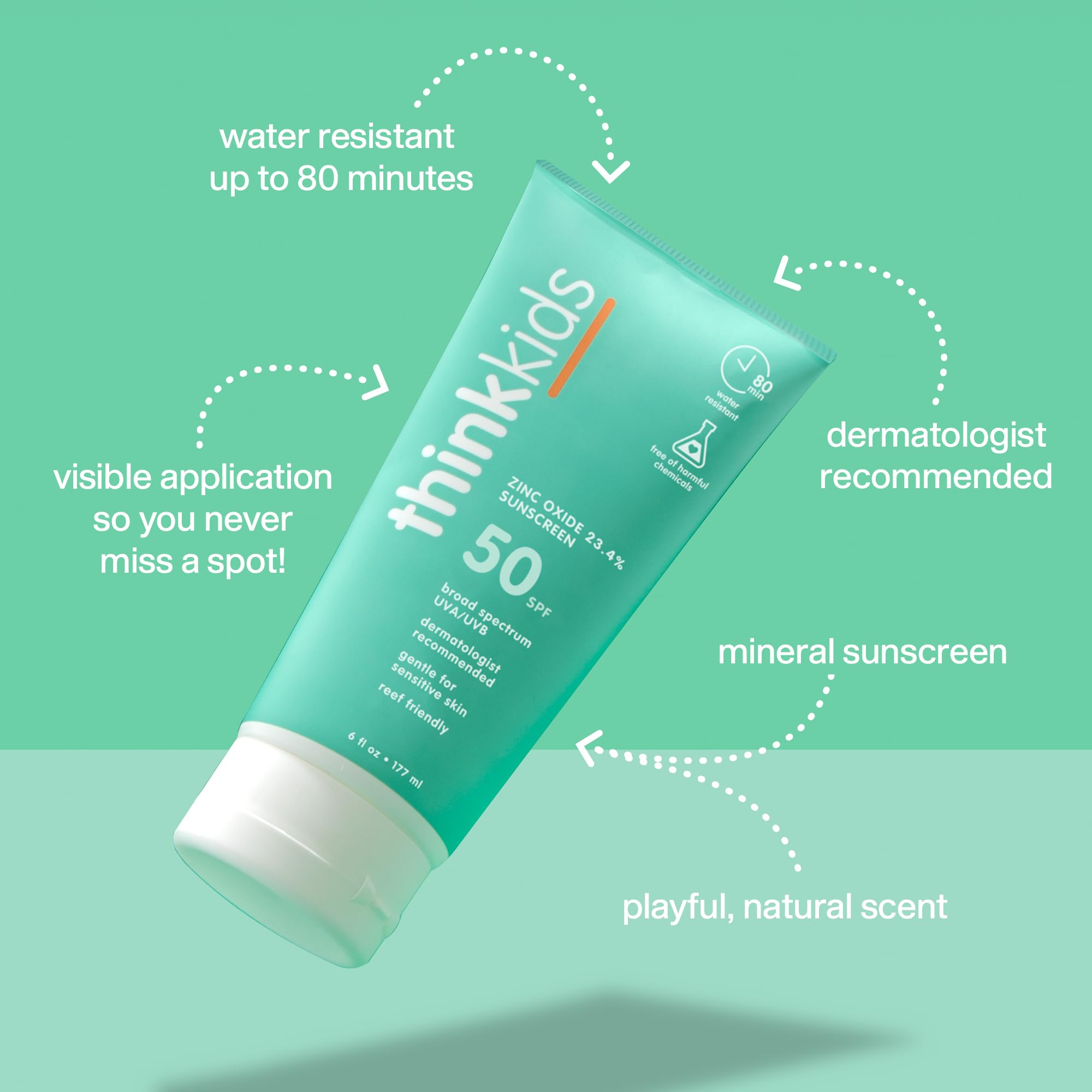 Thinkkids SPF 50+ Mineral Sunscreen – 6 Fl Oz, Reef-Safe Sun Protection for Kids