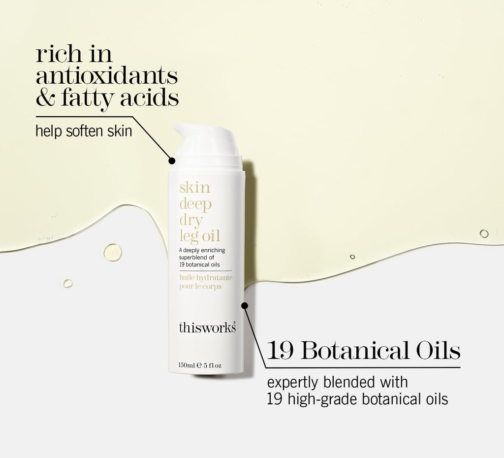 THISWORKS Skin Deep Dry Leg Oil – 100% Natural Hydrating Body Oil with 13 Essential Oils & 6 Cold-Pressed Oils, 5 oz