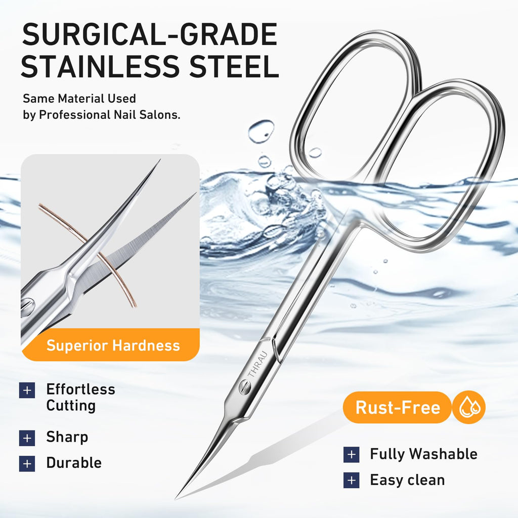 THRAU Cuticle Scissors - Extra Fine Curved Blade for Precise Manicures and Pedicures