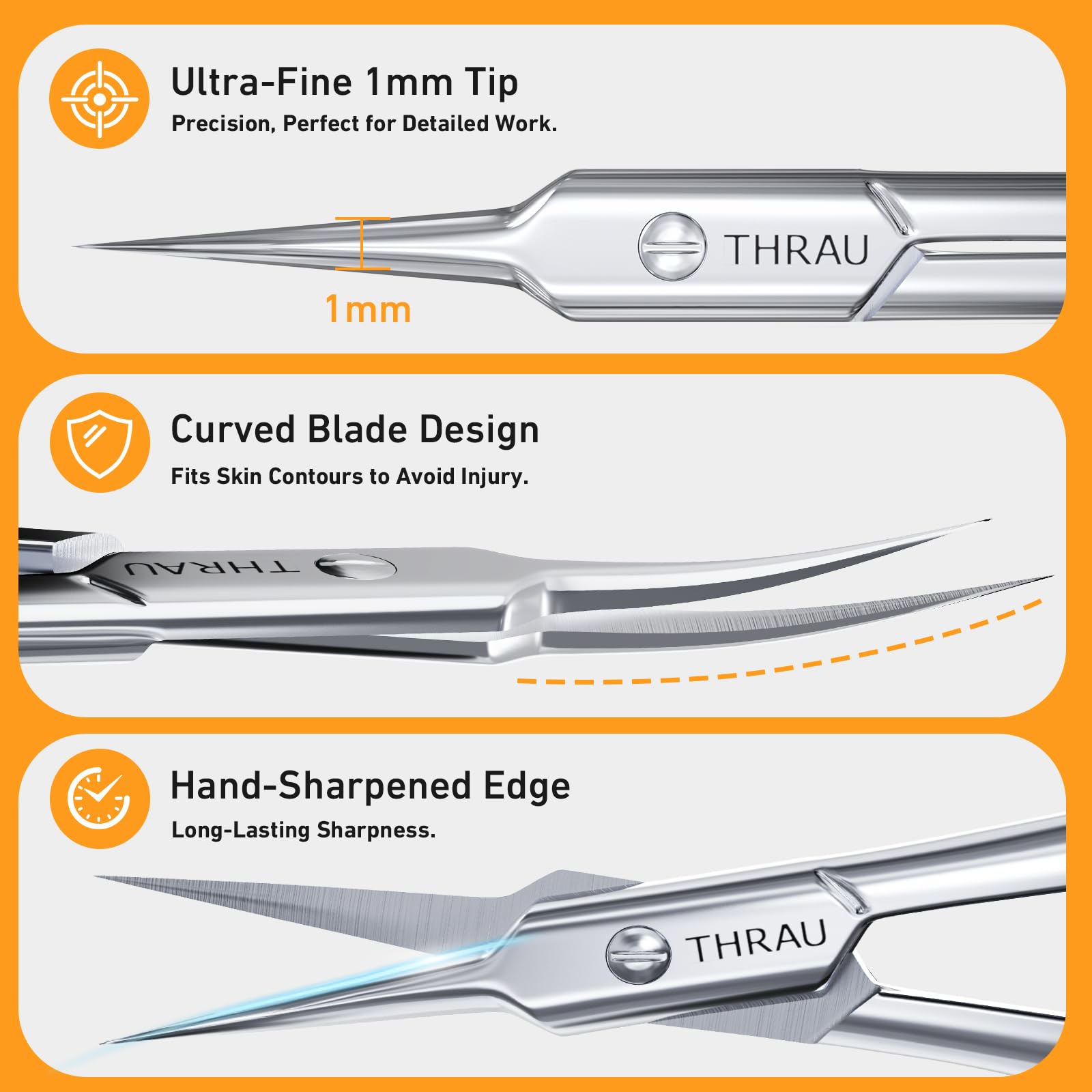 THRAU Cuticle Scissors - Extra Fine Curved Blade for Precise Manicures and Pedicures
