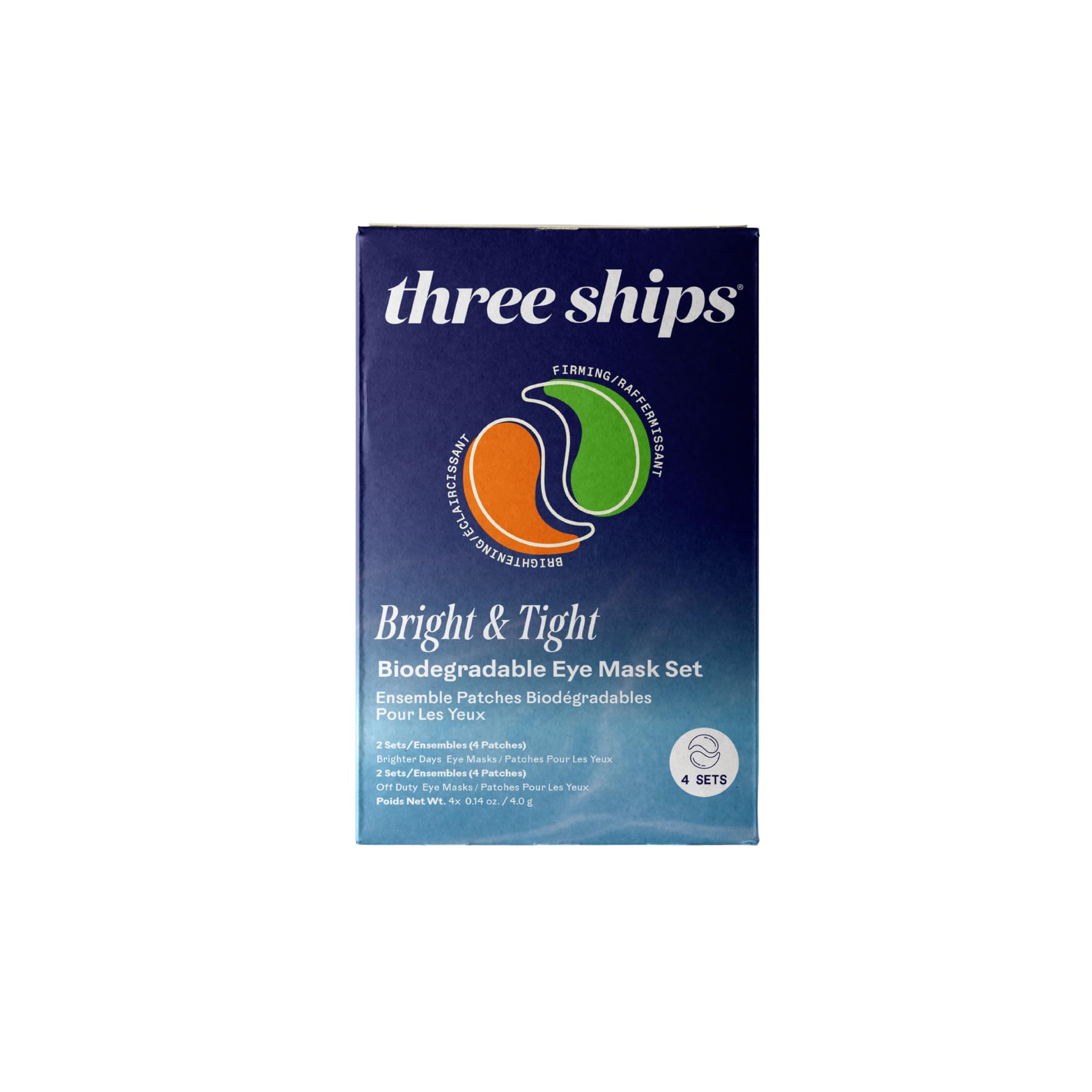 Three Ships Bright & Tight Biodegradable Eye Mask Set – 4-Pack for Depuffing & Firming Under-Eyes