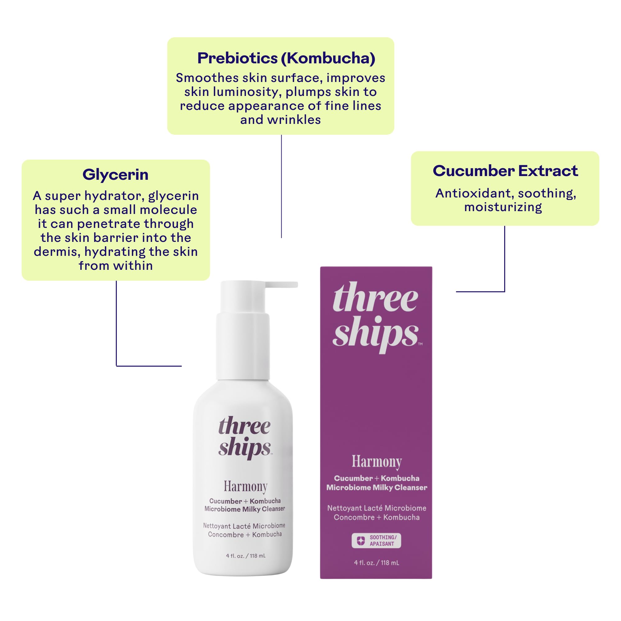 Three Ships Harmony Cucumber + Kombucha Cleanser — Microbiome Balancing for Sensitive Skin