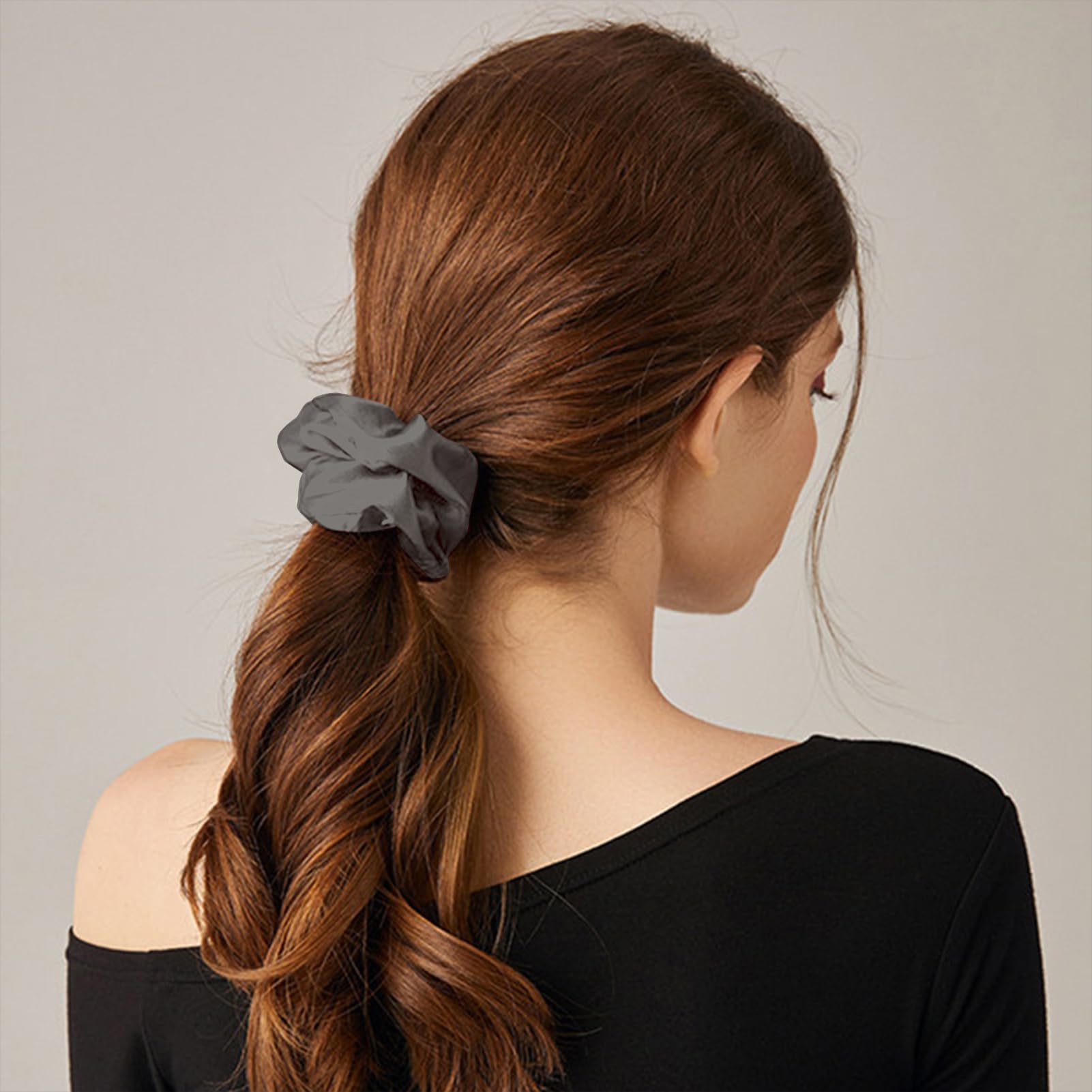 THXSILK Silk Scrunchies for Women - Pure Mulberry Silk Hair Ties, Charcoal for Thick Hair