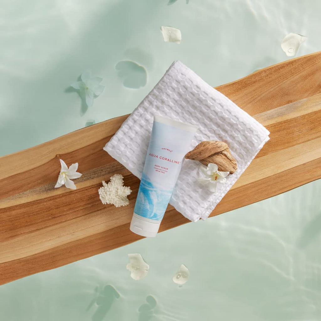 Thymes Aqua Coralline Exfoliating Body Scrub with Hyaluronate & Jojoba Beads – Hydrating, Moisturizing 7 fl oz