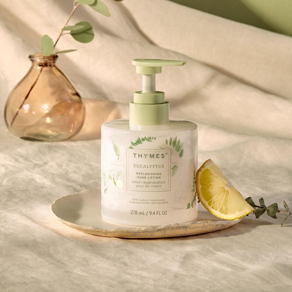 Thymes Replenishing Hand Lotion for Dry Skin – Daily Moisturizer with Sodium Hyaluronate & Squalane, Eucalyptus, 9.4 fl oz
