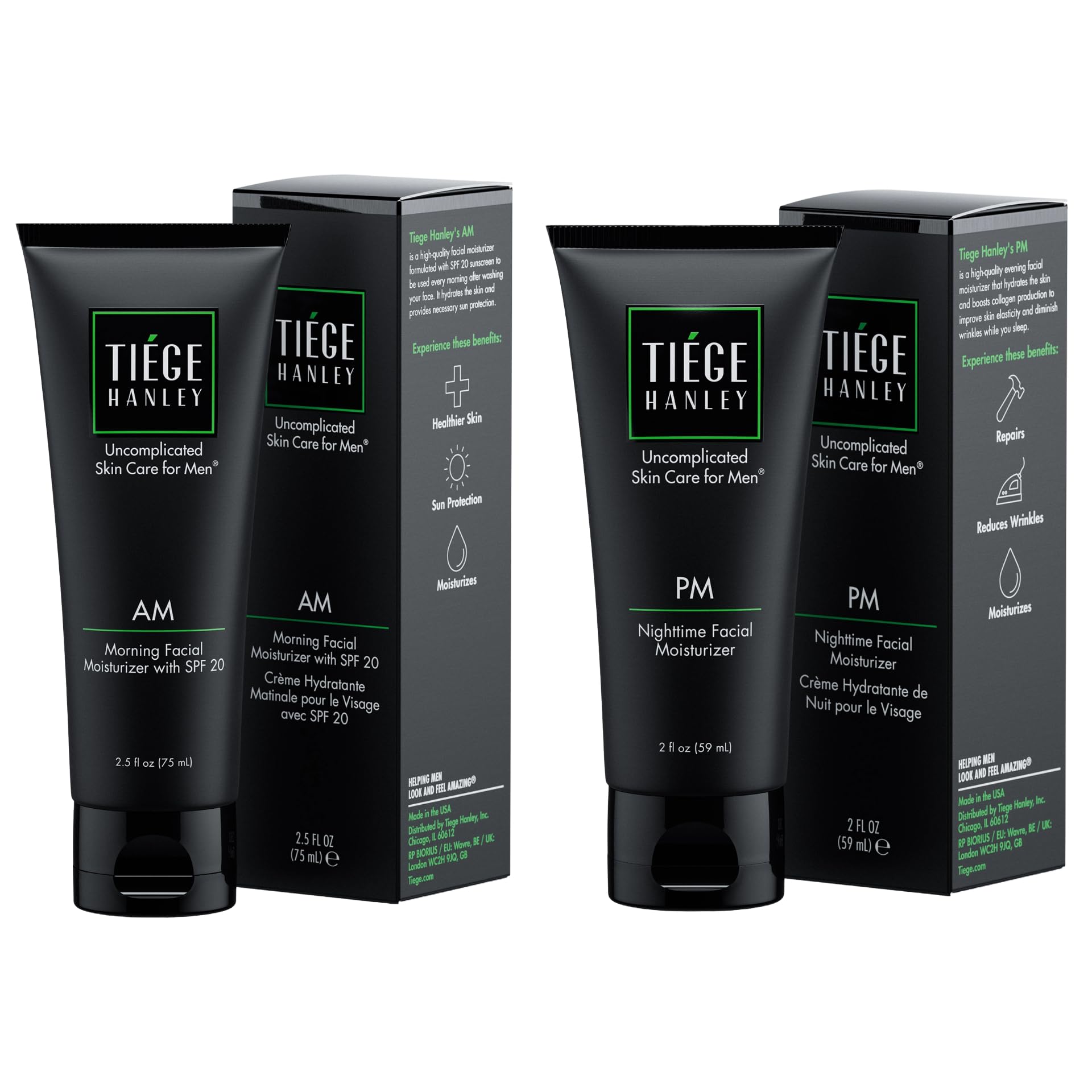 Tiege Hanley Men’s AM SPF 20 Day Moisturizer + PM Night Peptide Moisturizer – 2.5 oz / 2 oz