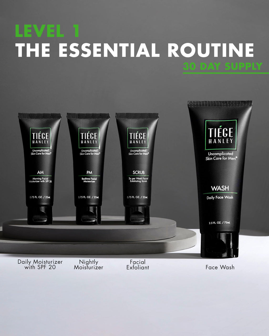 Tiege Hanley Level 1 Skin Care Set for Men — 4-Piece Essential Routine (Daily Face Wash, Scrub, SPF Moisturizer, Night Cream)