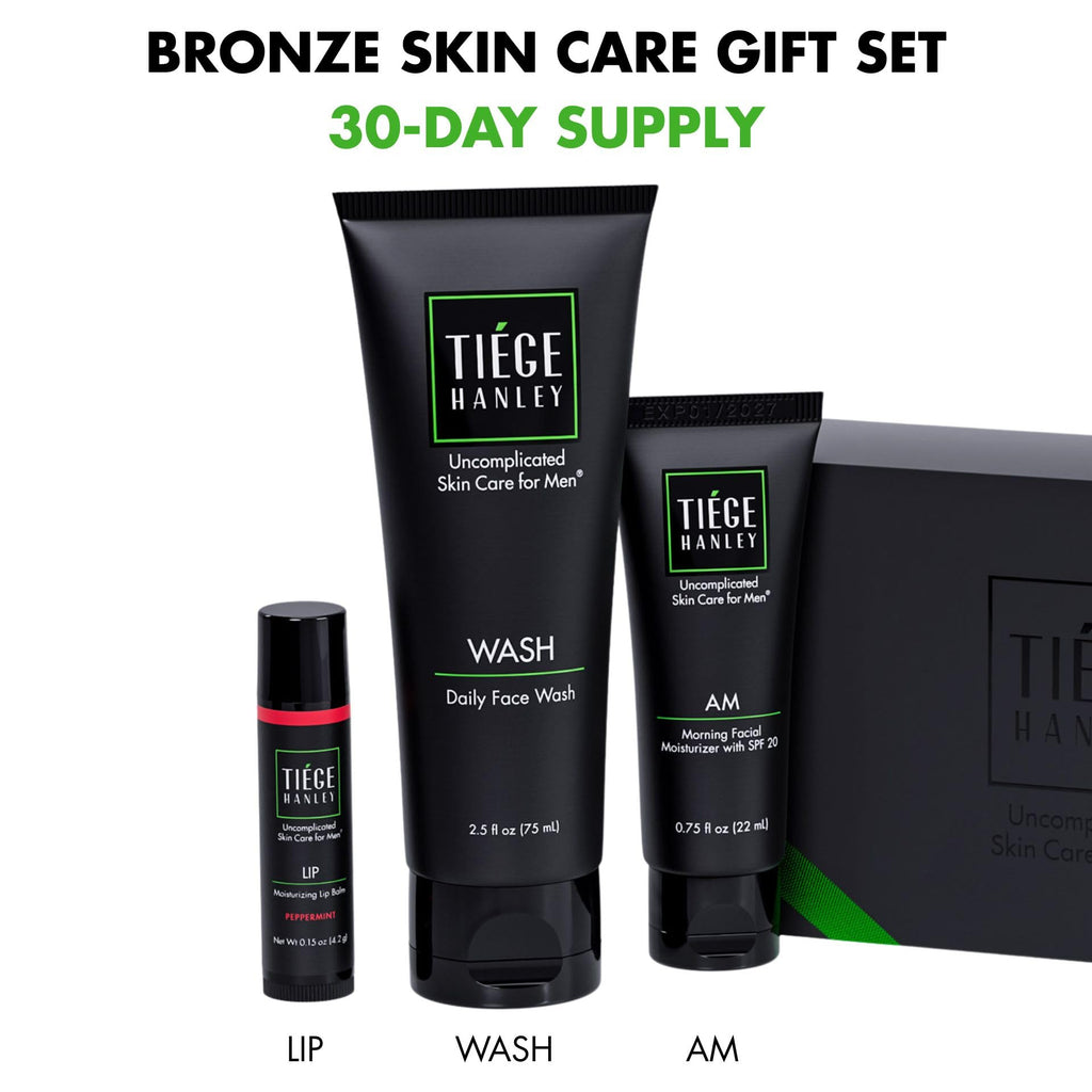 Tiege Hanley Bronze Gift Box for Men – 4-Piece Skincare Starter (Face Wash, SPF 20 Moisturizer, Lip Balm, Body Bar)