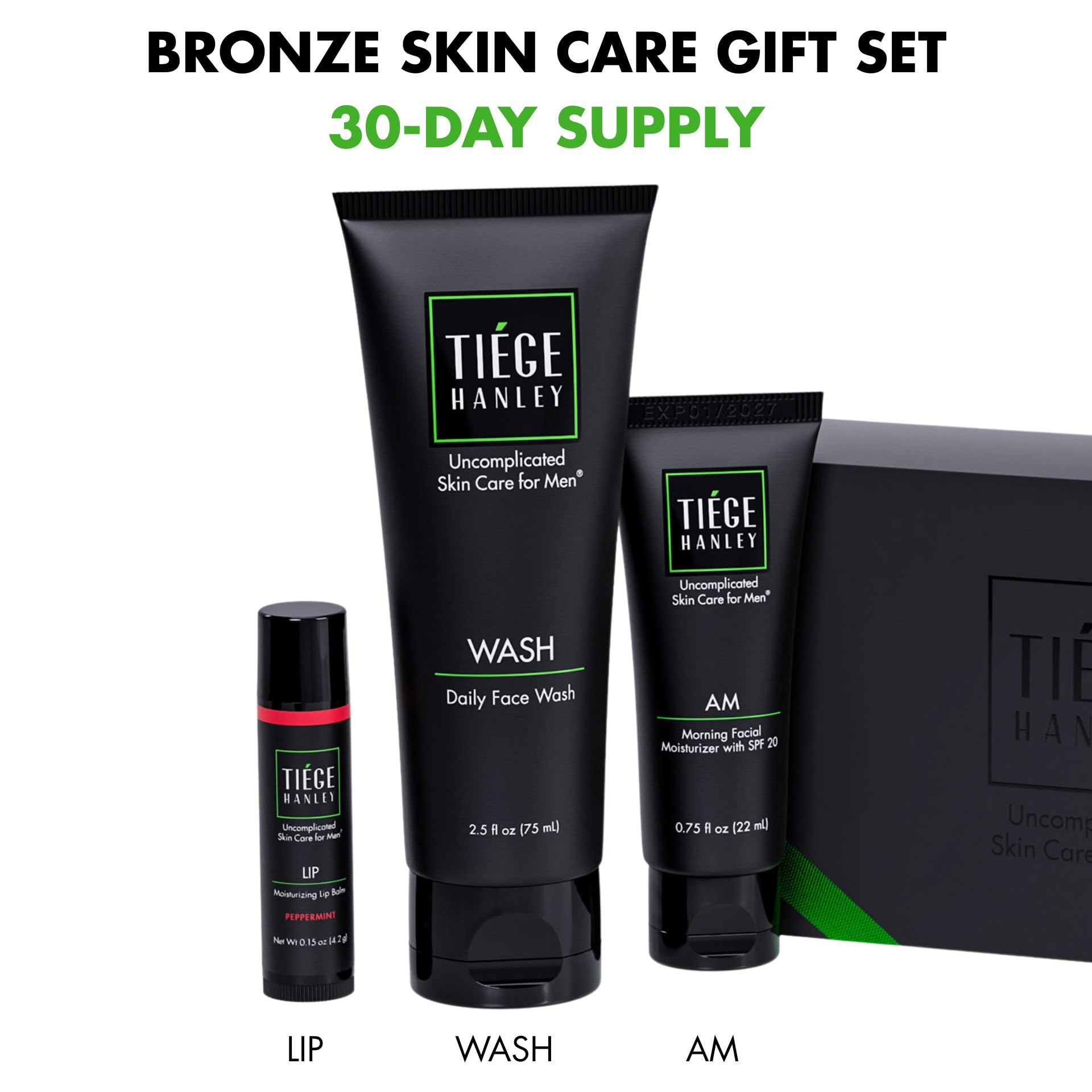 Tiege Hanley Bronze Gift Box for Men – 4-Piece Skincare Starter (Face Wash, SPF 20 Moisturizer, Lip Balm, Body Bar)