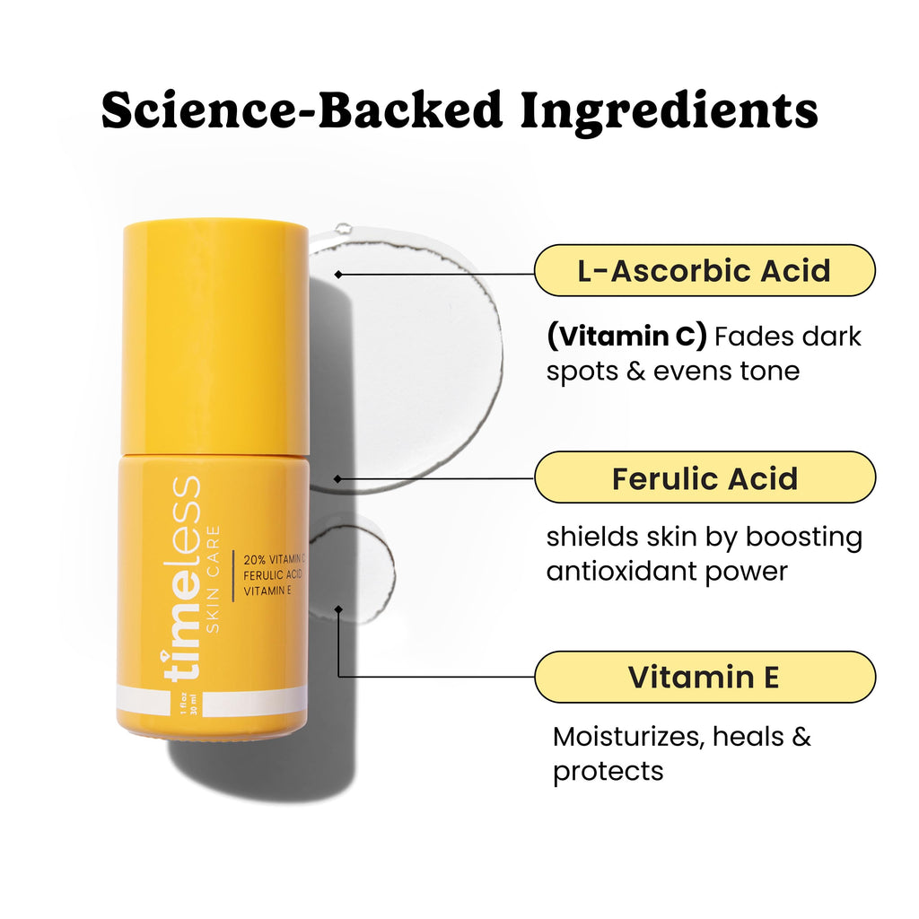 Timeless Skin Care Vitamin C Serum with Vitamin E & Ferulic Acid – Fragrance-Free Brightening Serum, 1 oz