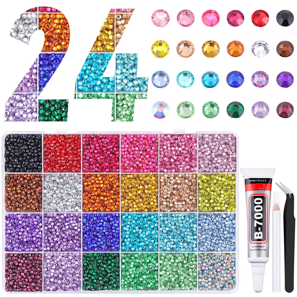 TINKRSTUFF 24000Pcs Resin Rhinestones 3mm DIY Craft Kit – Multicolor with Tweezers, Pickup Pen & B7000 Glue