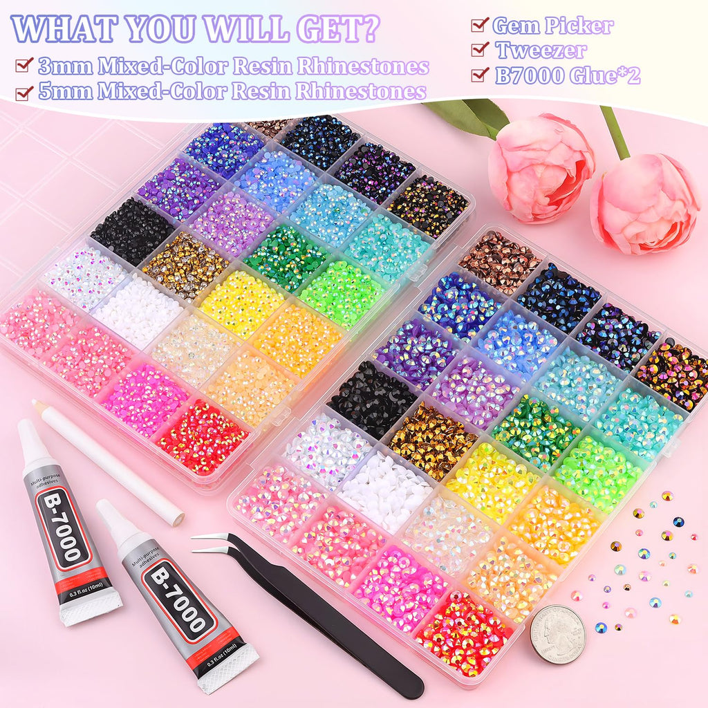 TINKRSTUFF 2 Boxes Jelly Rhinestones Kit – 30,600 Pcs 3mm & 5mm Multicolor Resin Gems with 2x 10ml B7000 Glue