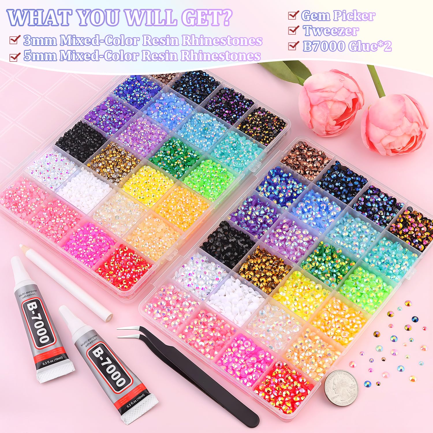 TINKRSTUFF 2 Boxes Jelly Rhinestones Kit – 30,600 Pcs 3mm & 5mm Multicolor Resin Gems with 2x 10ml B7000 Glue