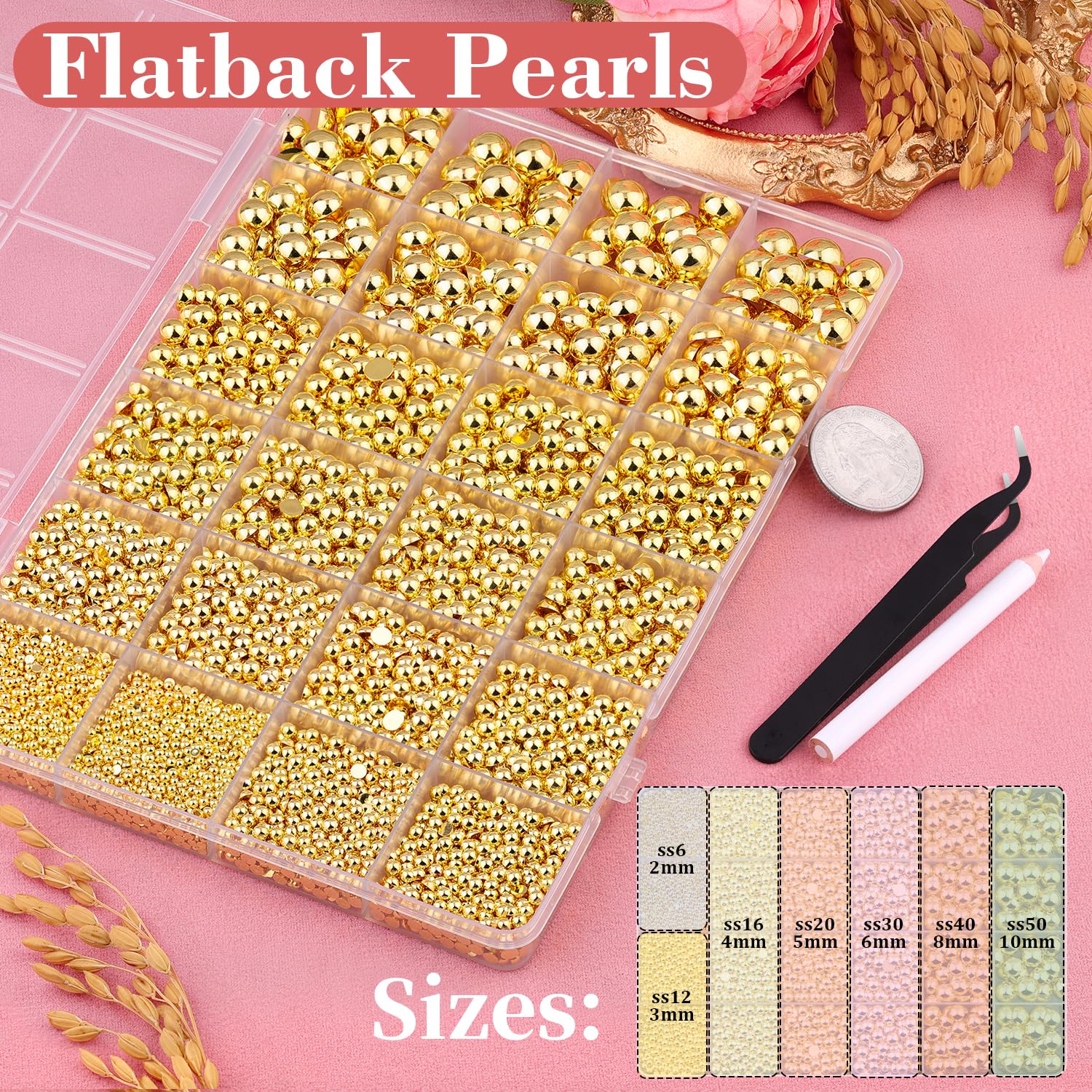 TINKRSTUFF 11000Pcs Gold Flatback Pearls for Crafting – Glue Kit Included for DIY Jewelry, Nails, Shoes, and Tumblers