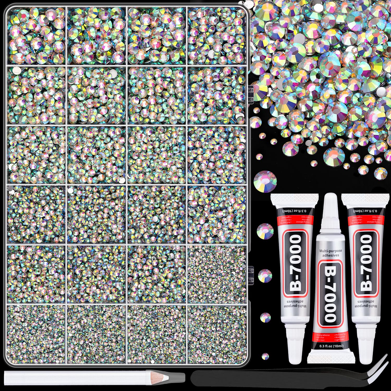 TINKRSTUFF 25000 Pcs Resin Rhinestones with Tweezers & 3 B7000 Glue – AB 2-6mm Mix for Nail Art & Makeup