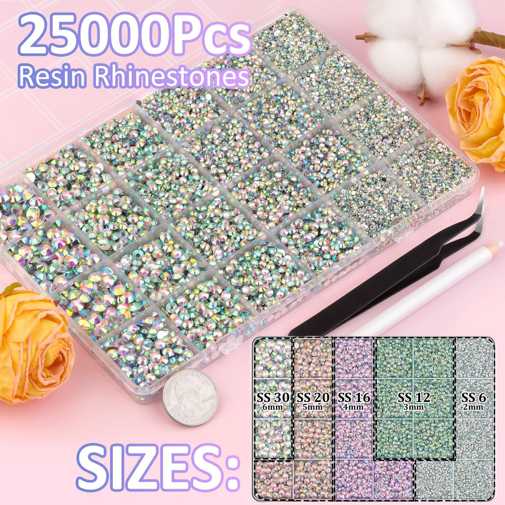 TINKRSTUFF 25000 Pcs Resin Rhinestones with Tweezers & 3 B7000 Glue – AB 2-6mm Mix for Nail Art & Makeup