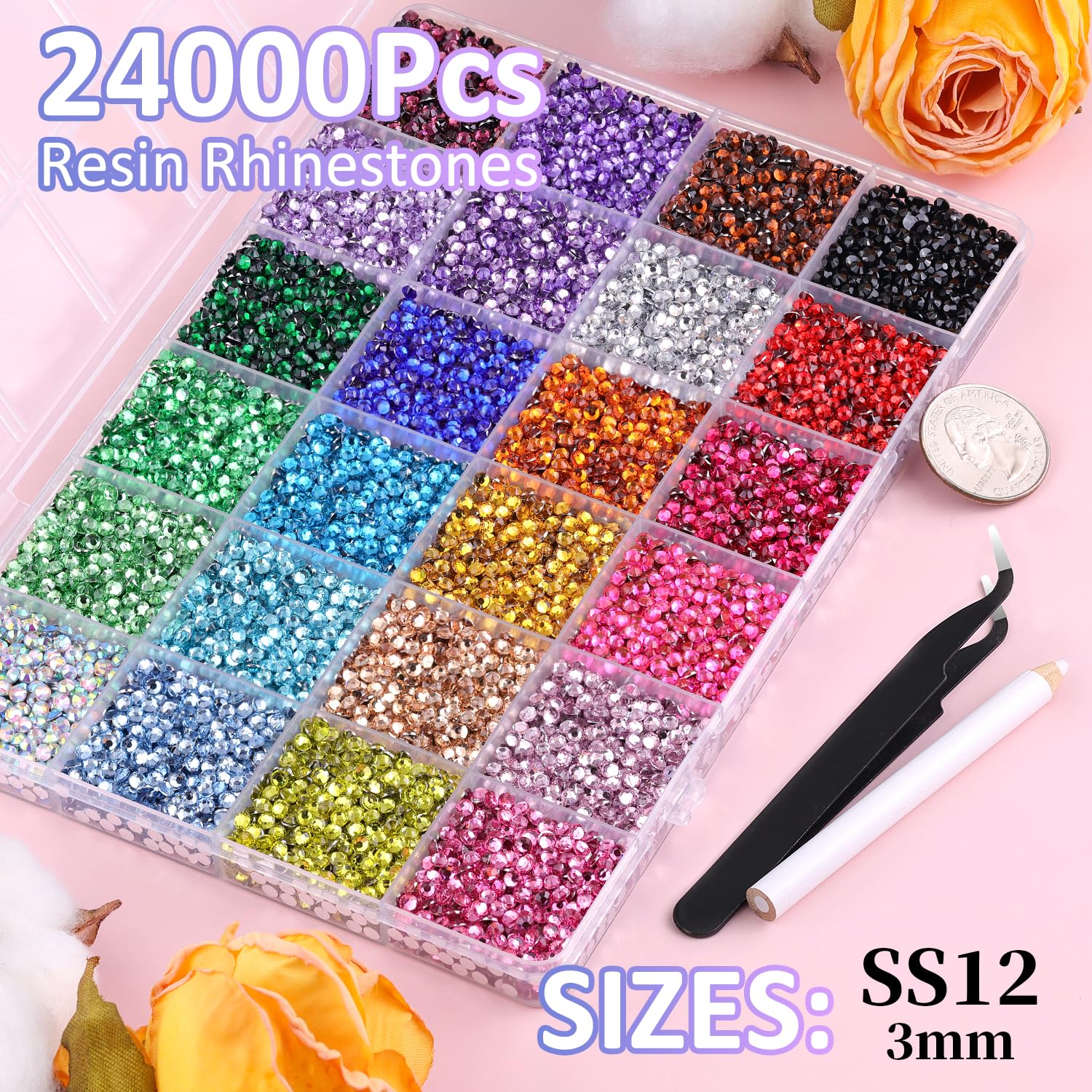 TINKRSTUFF 24000Pcs Resin Rhinestones 3mm DIY Craft Kit – Multicolor with Tweezers, Pickup Pen & B7000 Glue