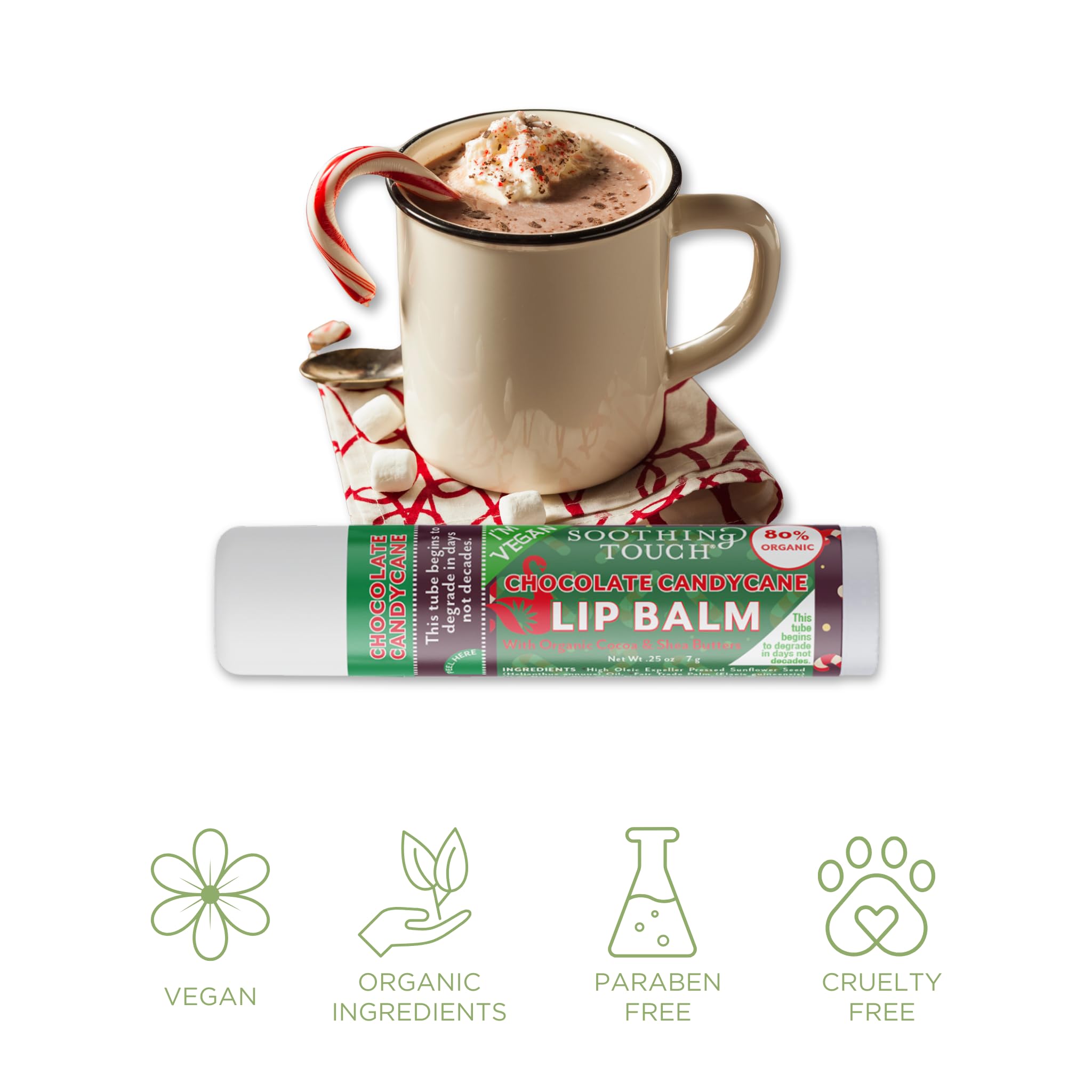 Tiny Seed Vegan Lip Balm Set – 3x 0.25 oz Chocolate Candy Cane + Muslin Pouch