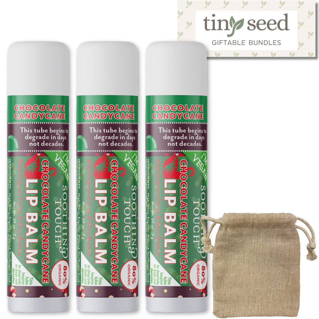 Tiny Seed Vegan Lip Balm Set – 3x 0.25 oz Chocolate Candy Cane + Muslin Pouch