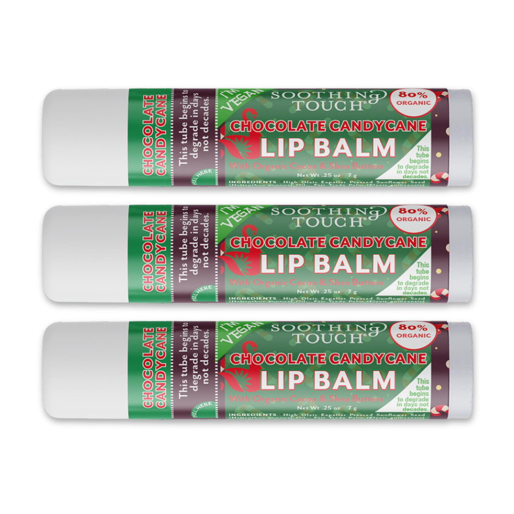 Tiny Seed Vegan Lip Balm Set – 3x 0.25 oz Chocolate Candy Cane + Muslin Pouch