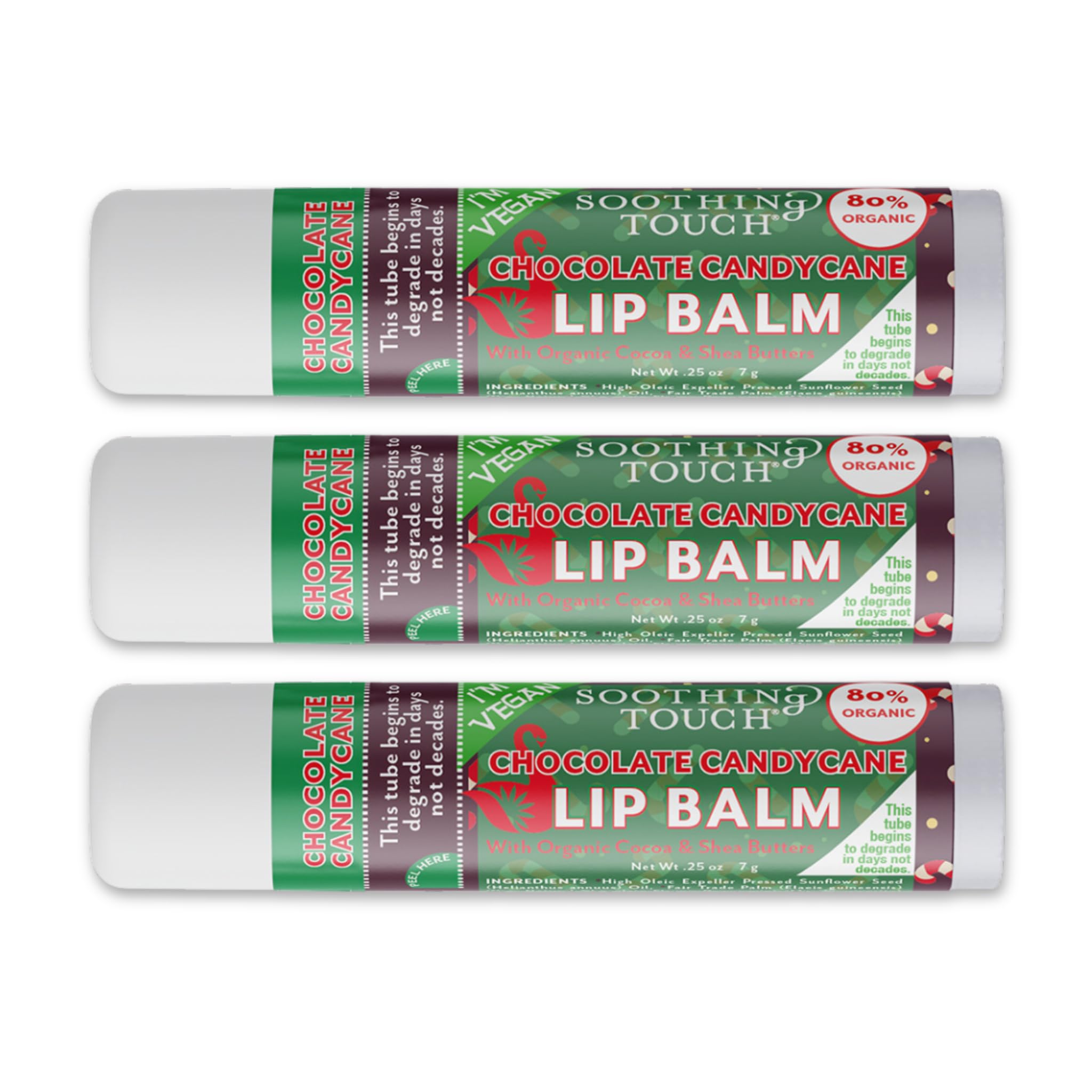 Tiny Seed Vegan Lip Balm Set – 3x 0.25 oz Chocolate Candy Cane + Muslin Pouch