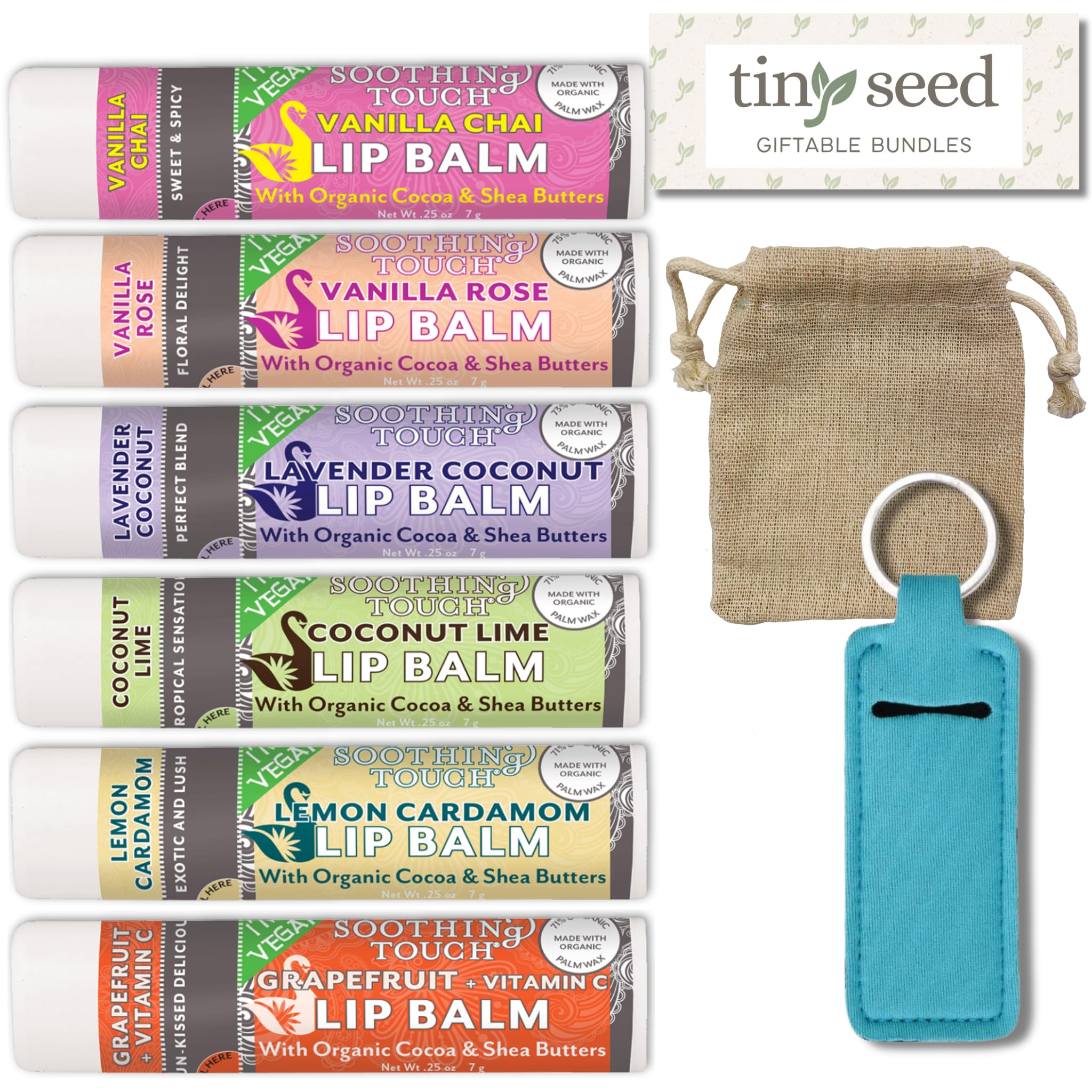 Tiny Seed Vegan Lip Balm Set – 6 Flavors + Muslin Pouch & Keychain