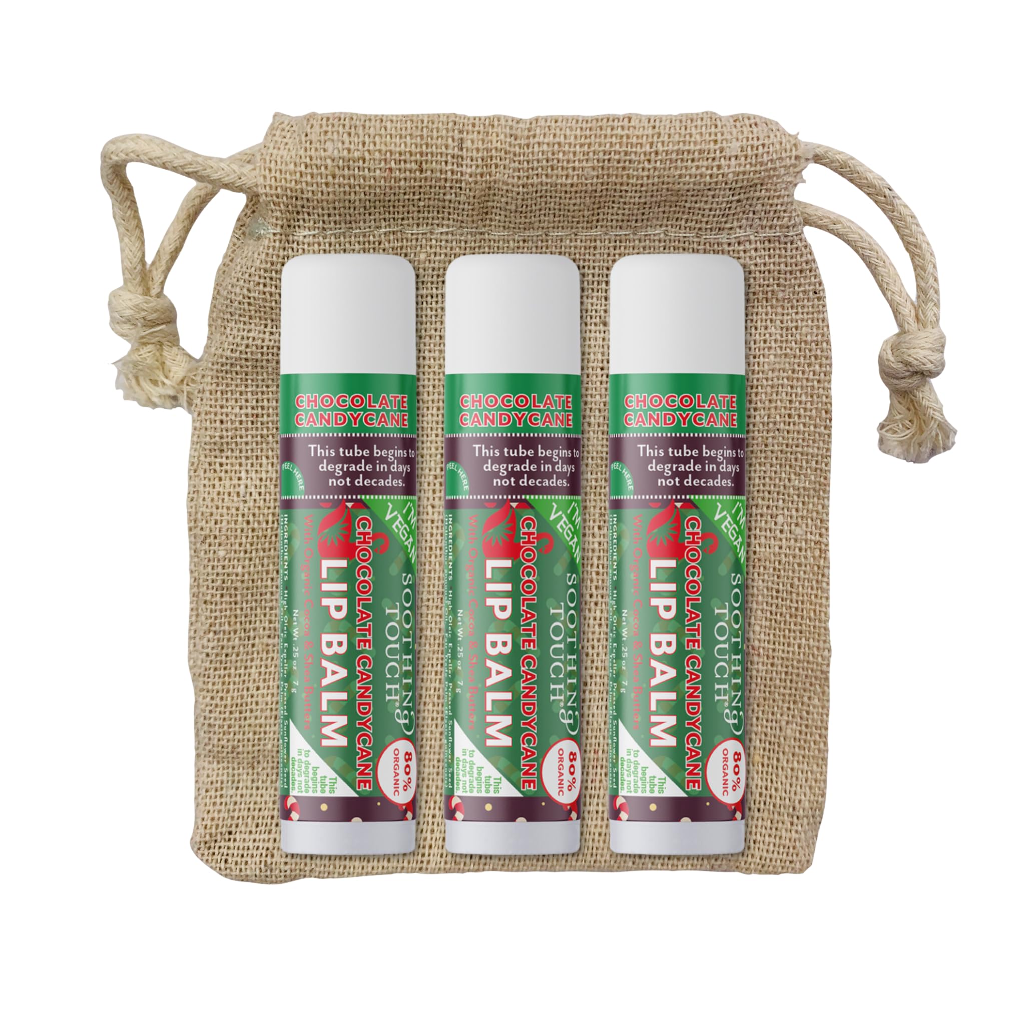Tiny Seed Vegan Lip Balm Set – 3x 0.25 oz Chocolate Candy Cane + Muslin Pouch
